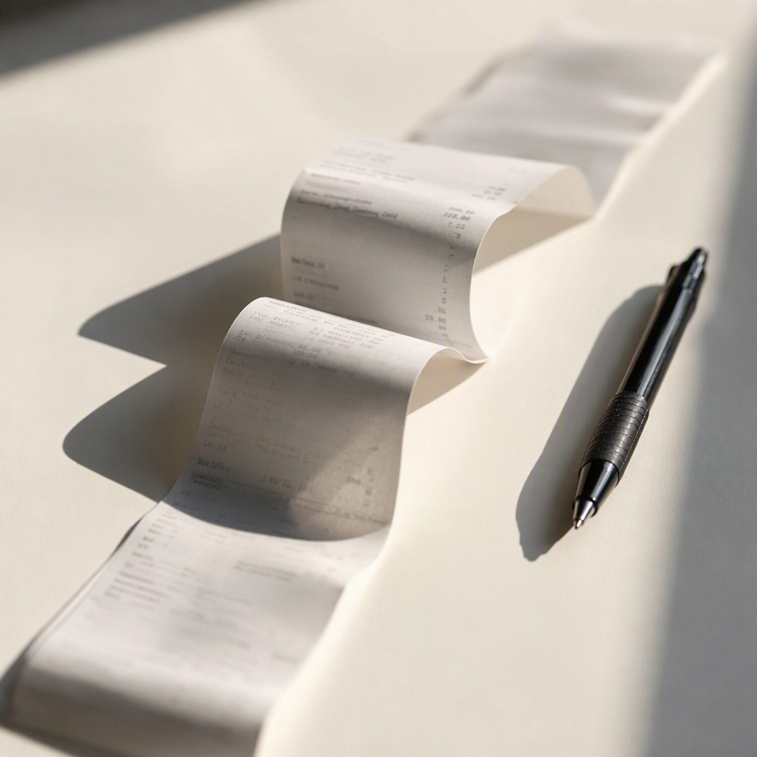 A paper receipt curling off a desk