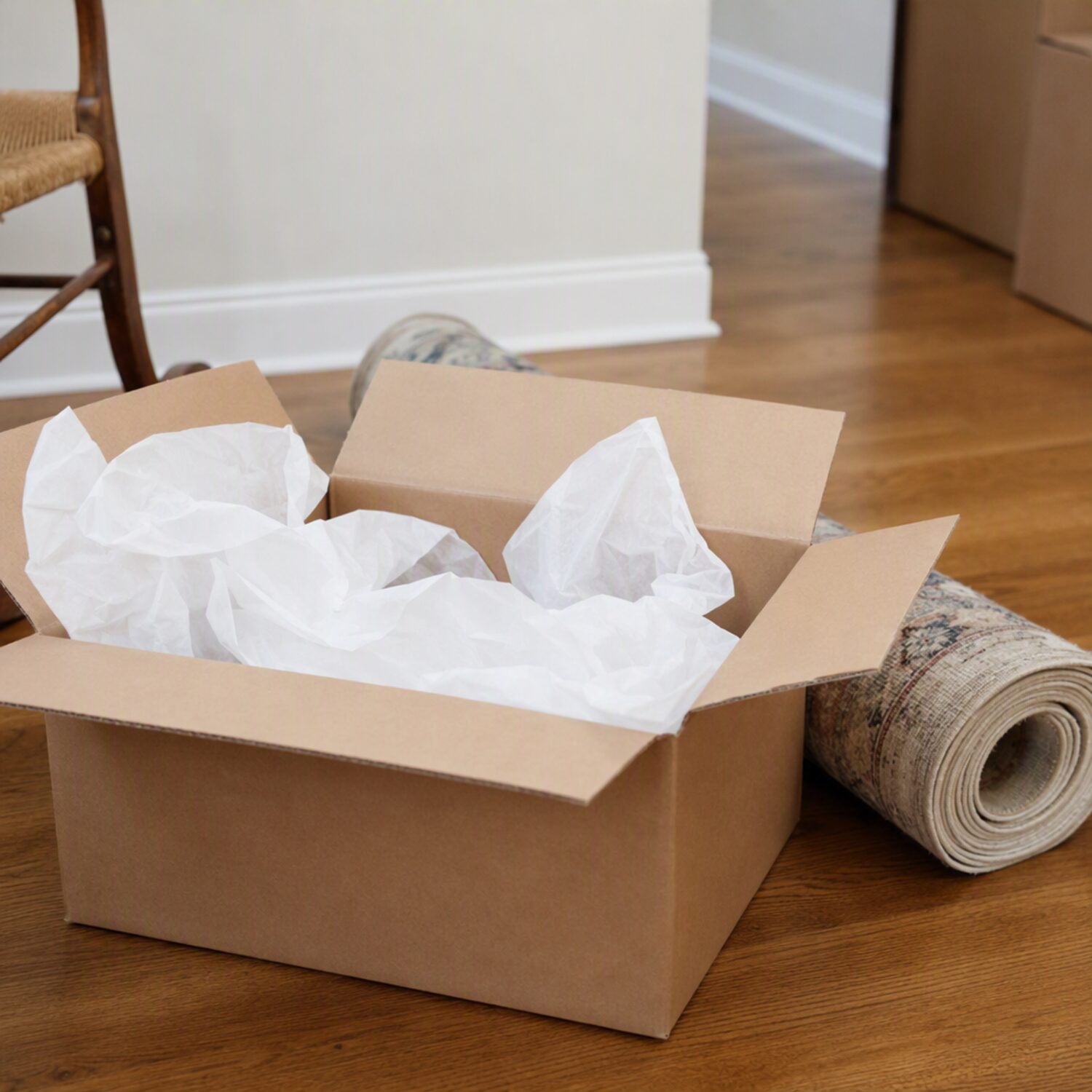 An open moving box beside a rolled rug