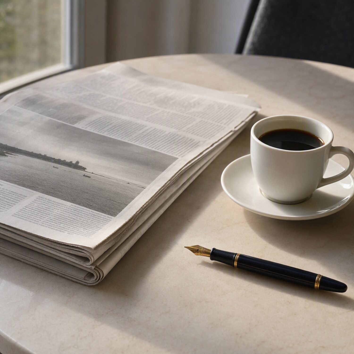A folded newspaper beside coffee and a pen