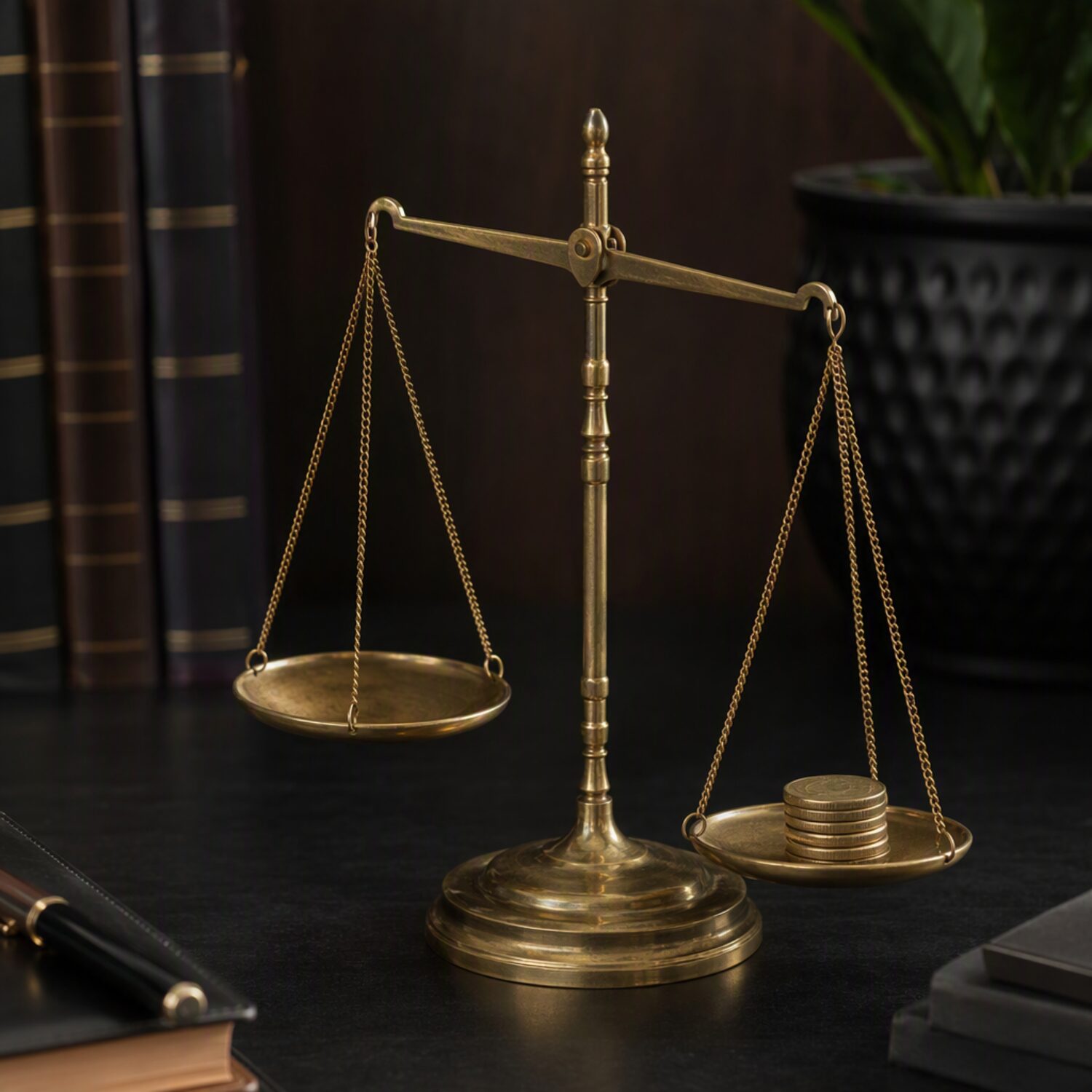A balance scale with coins in one pan