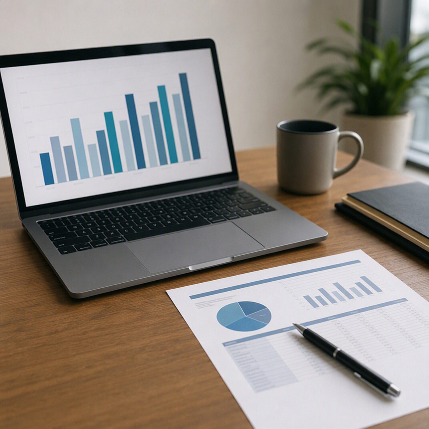 A laptop showing an abstract bar chart