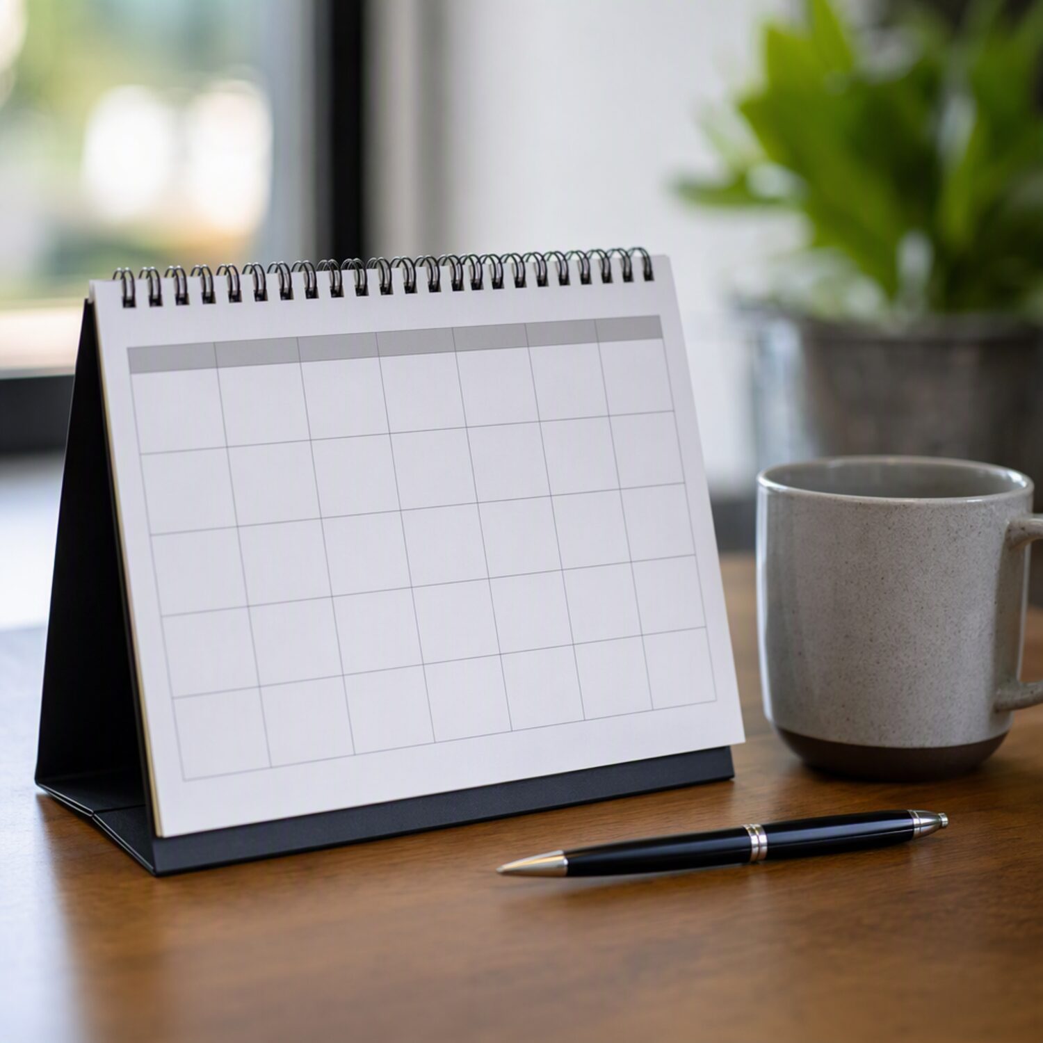 A desk calendar beside a pen and mug