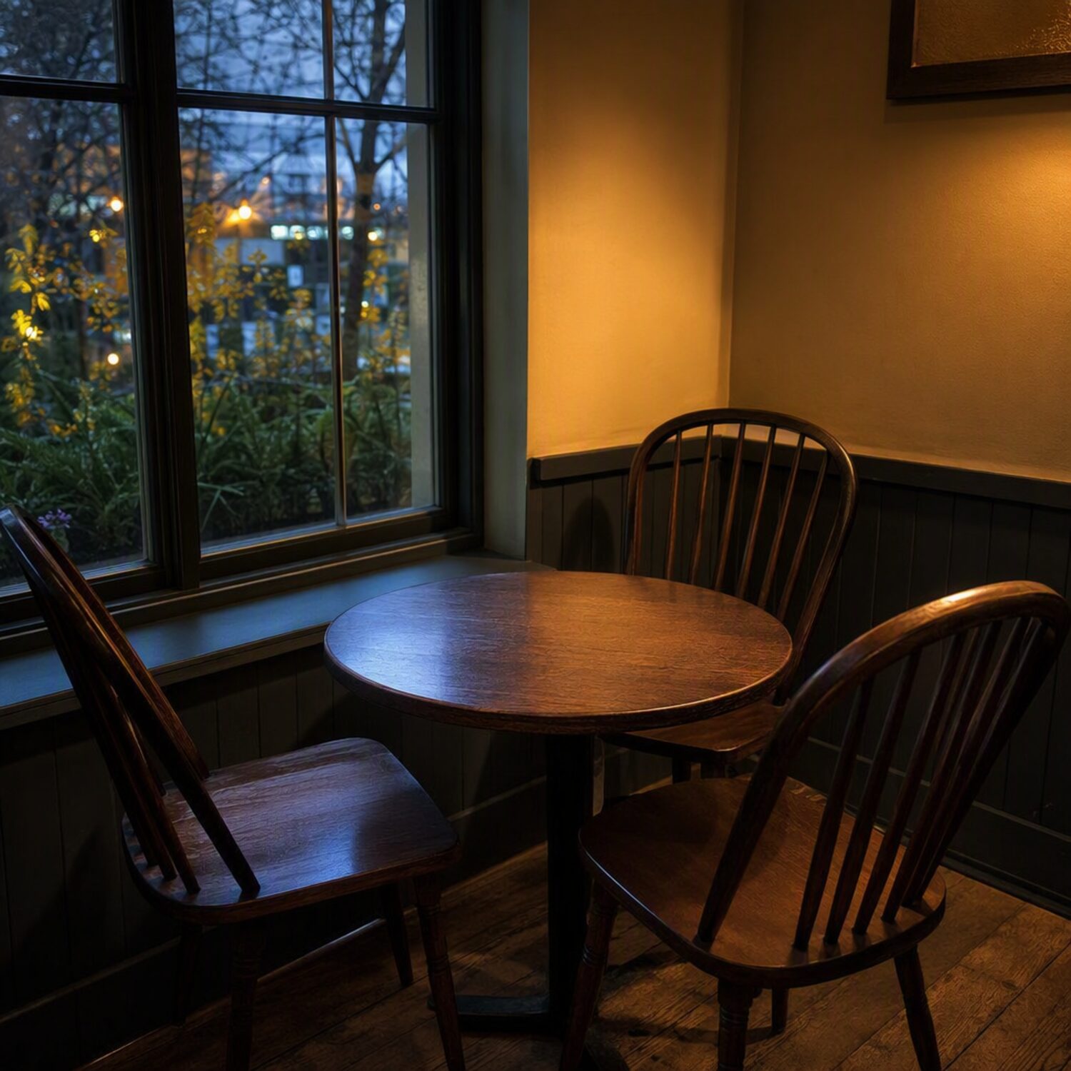 A round table with empty chairs by a window