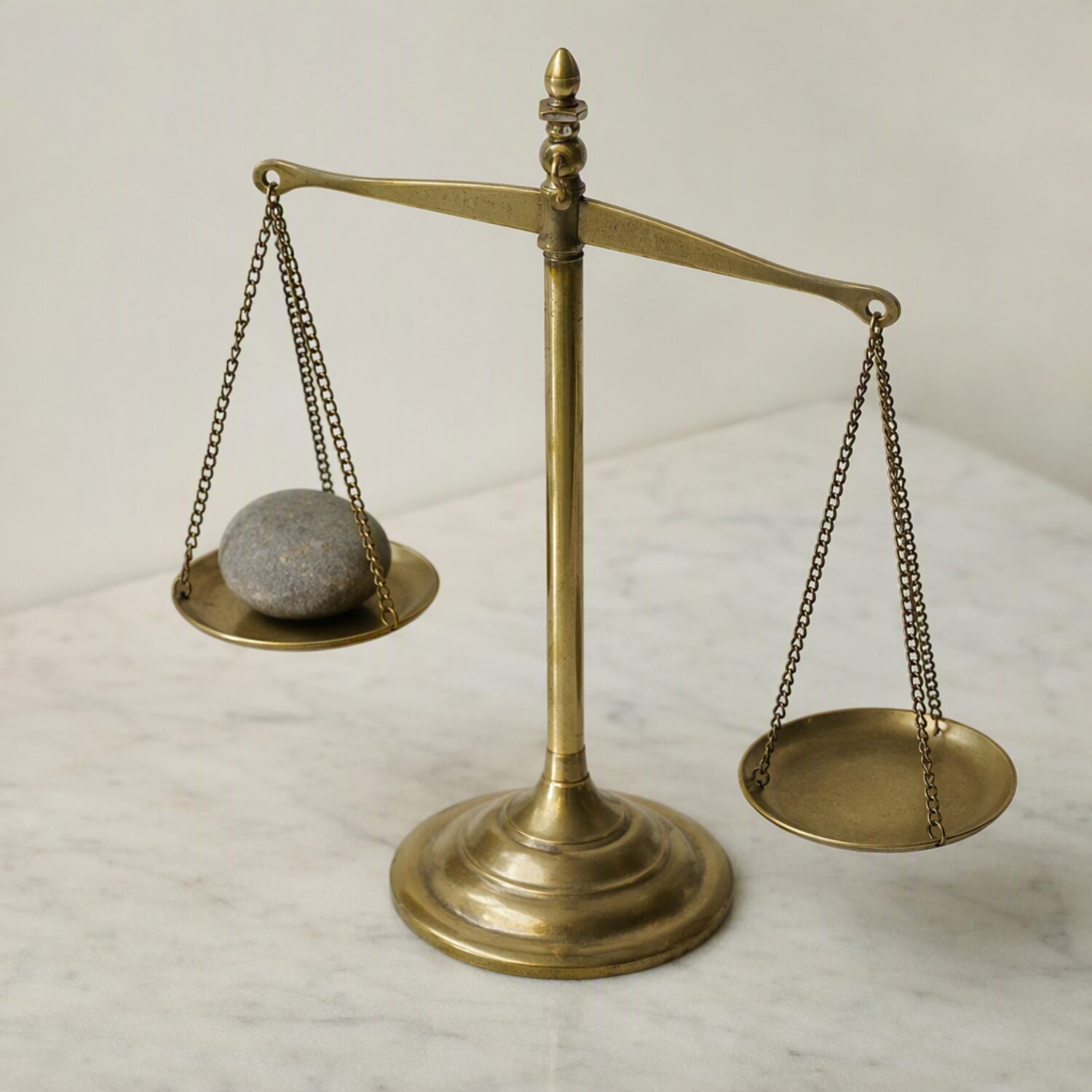 A brass balance scale holding one stone