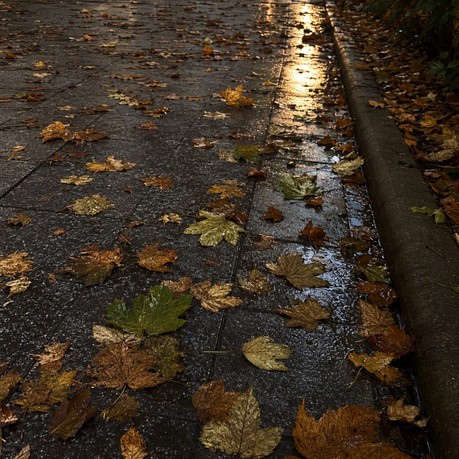 Autumn leaves on a wet pavement