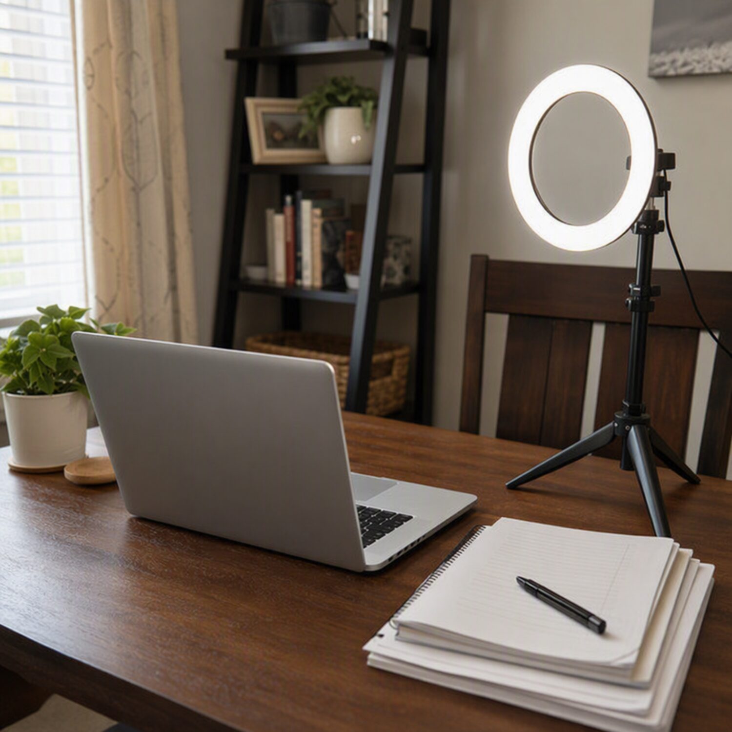 A home teaching setup with a laptop and ring light