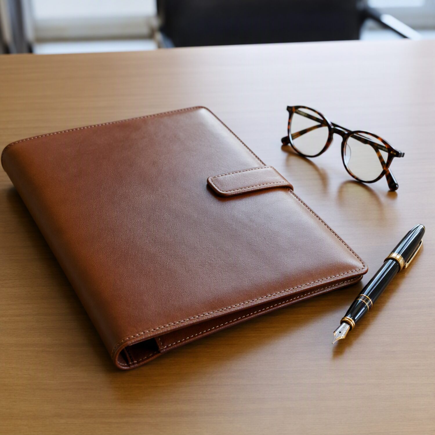 A leather folder and pen on an office table