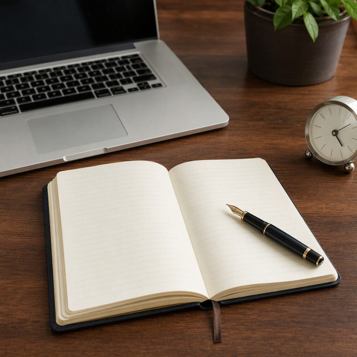 A paper diary and clock beside a laptop