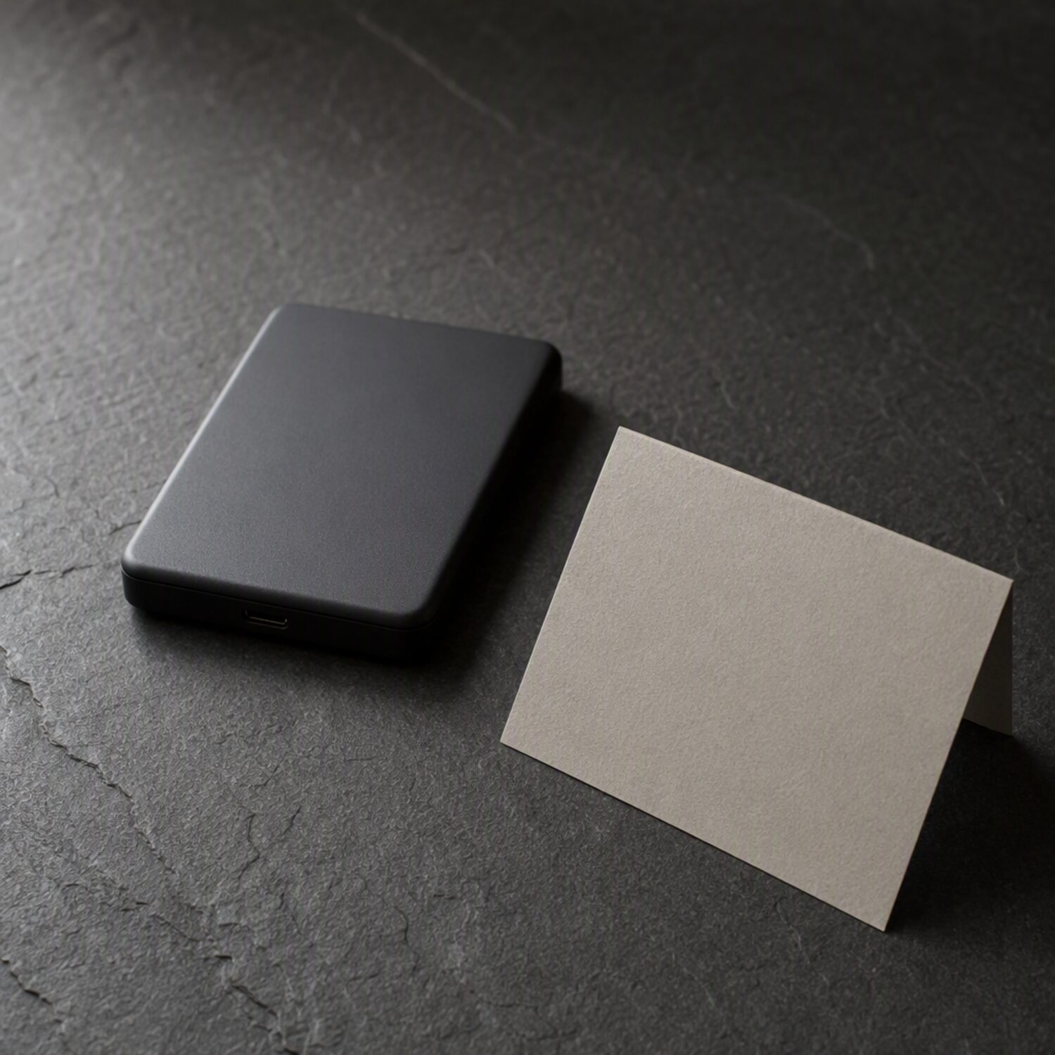 An external drive and a folded card on slate