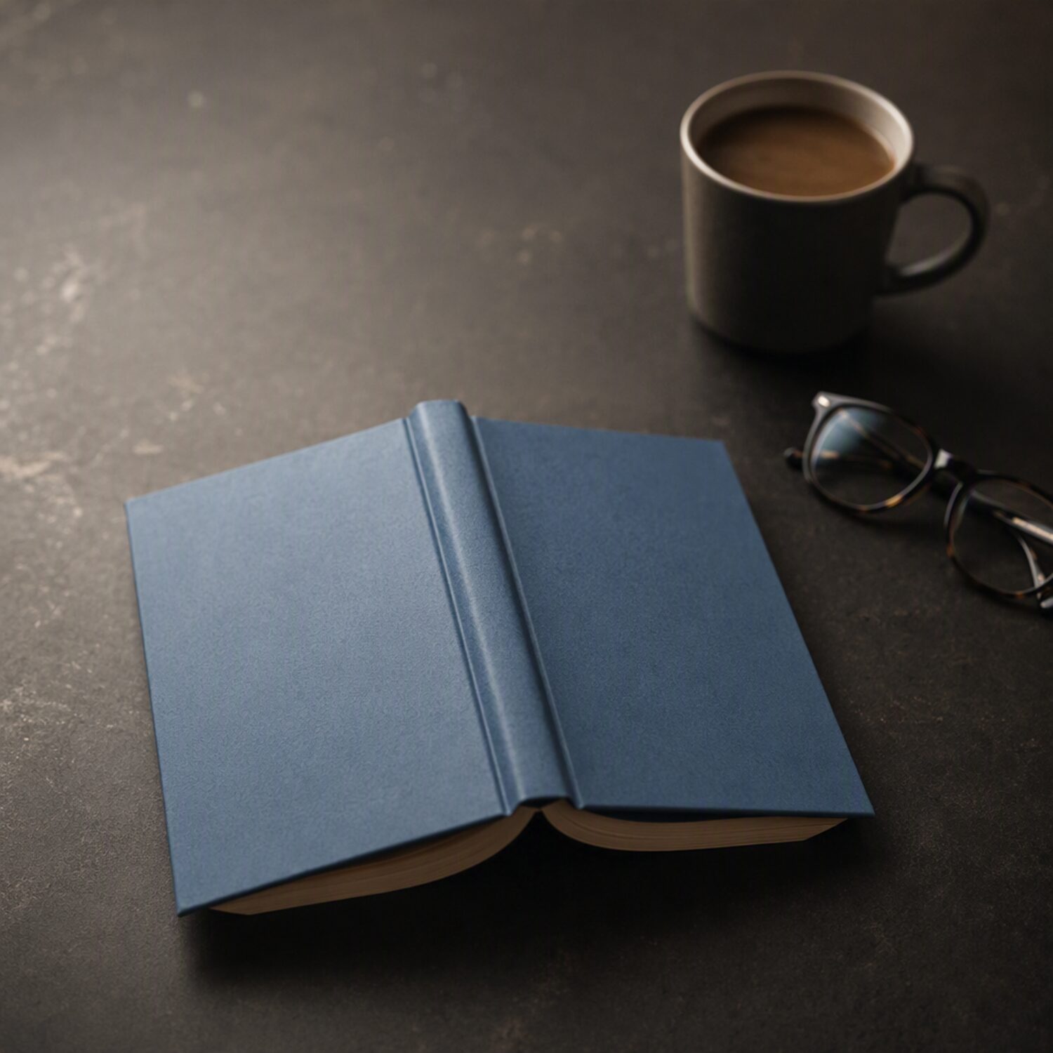 An open book face down beside coffee and glasses