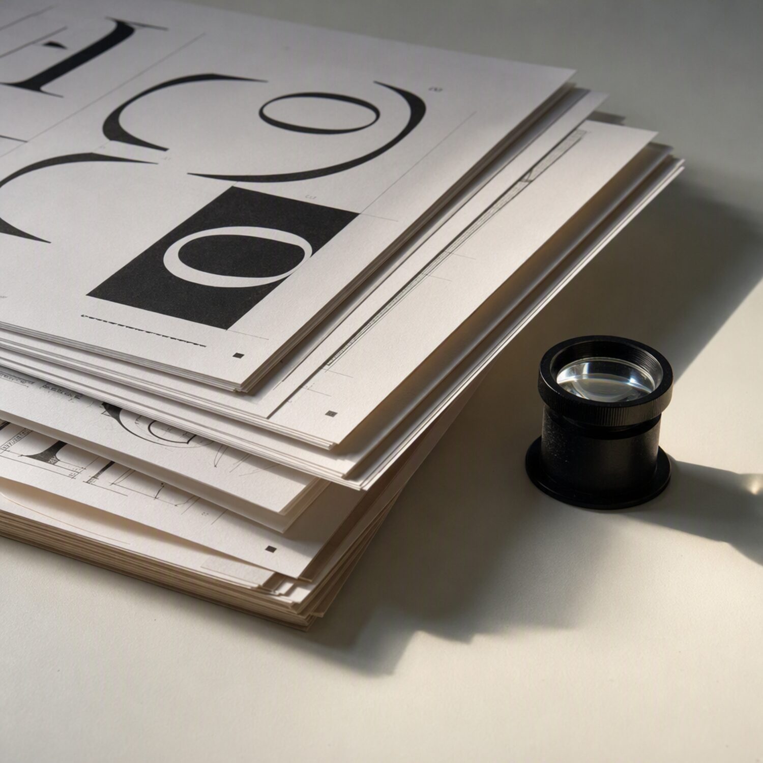 Printed specimen sheets beside a loupe