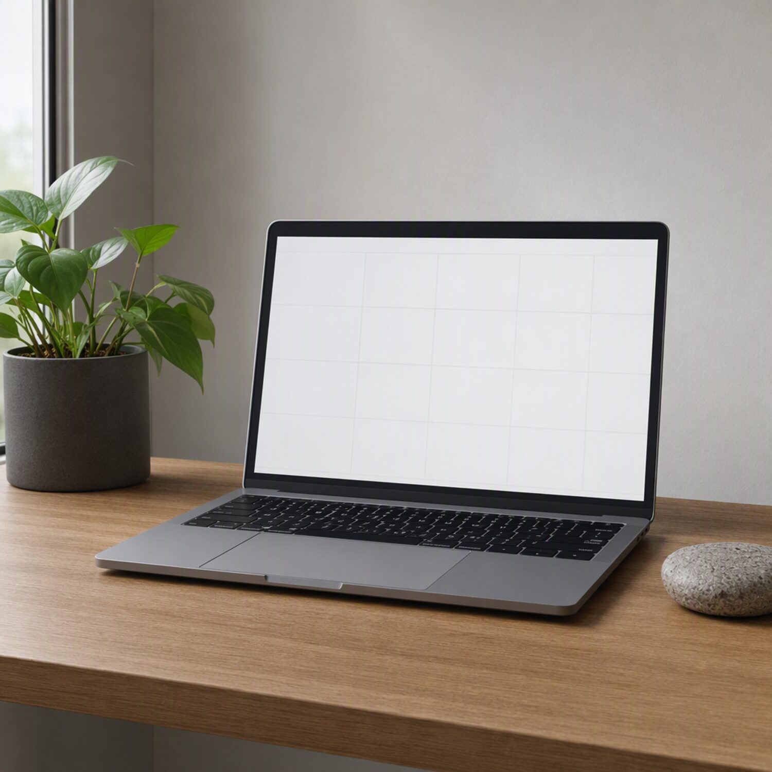 A laptop showing a blank grid interface