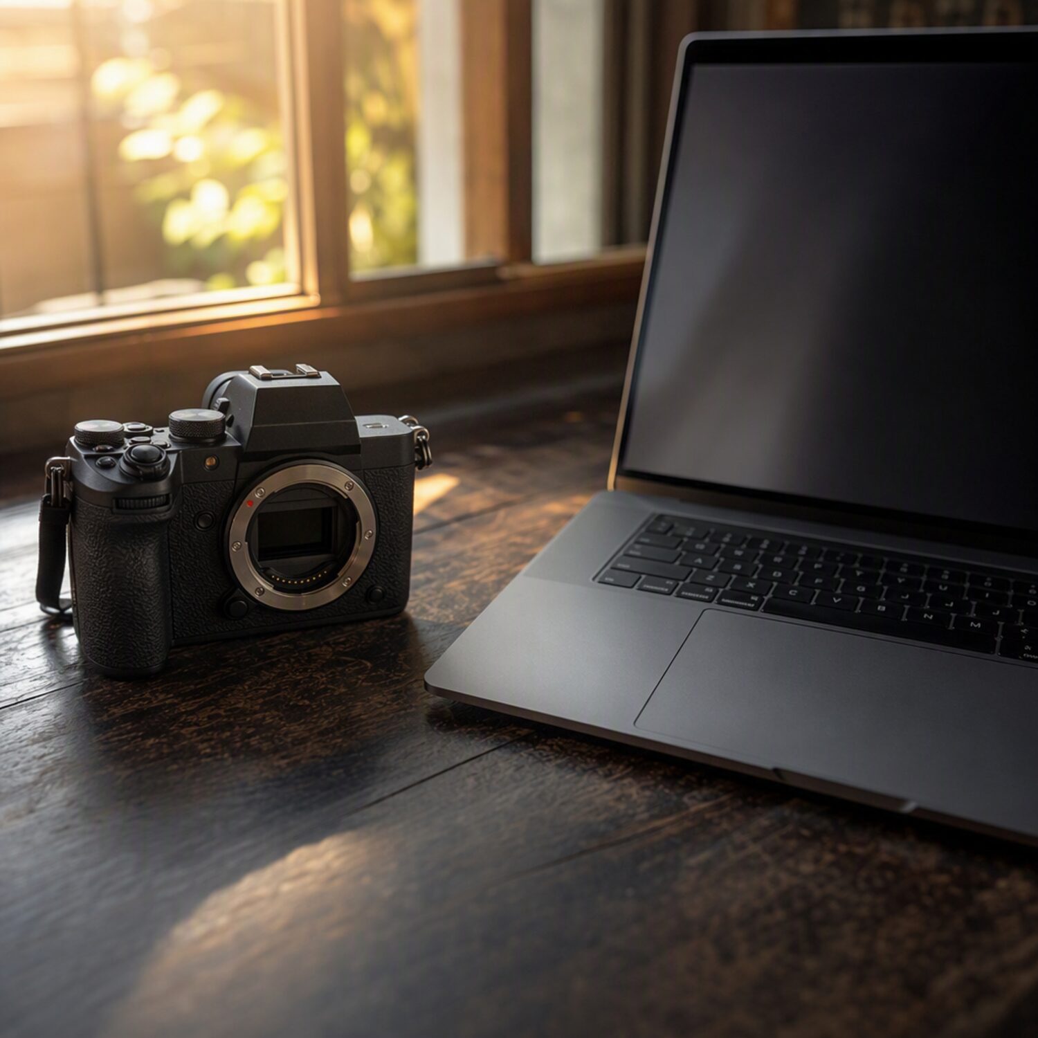 A camera beside a laptop on a dark desk