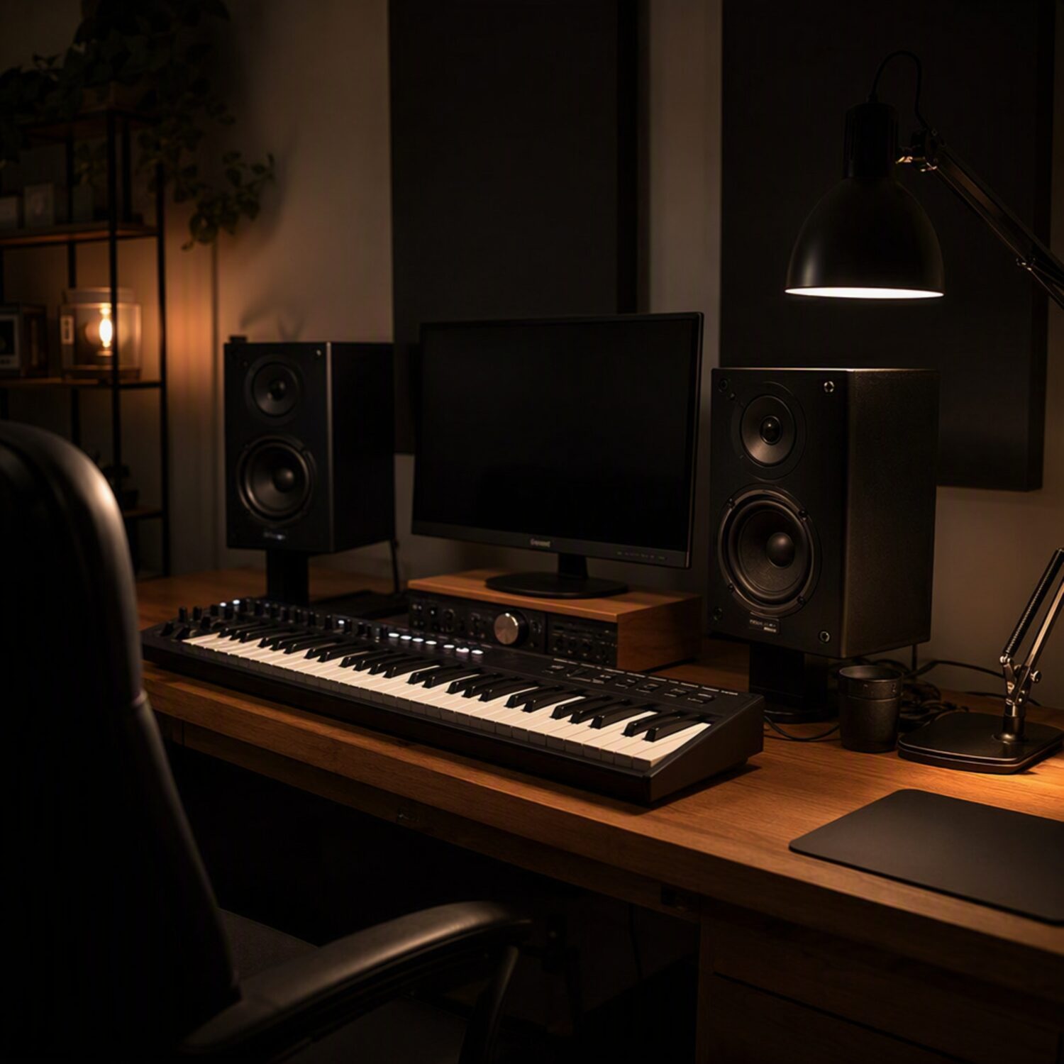 A midi keyboard and monitors in a home studio