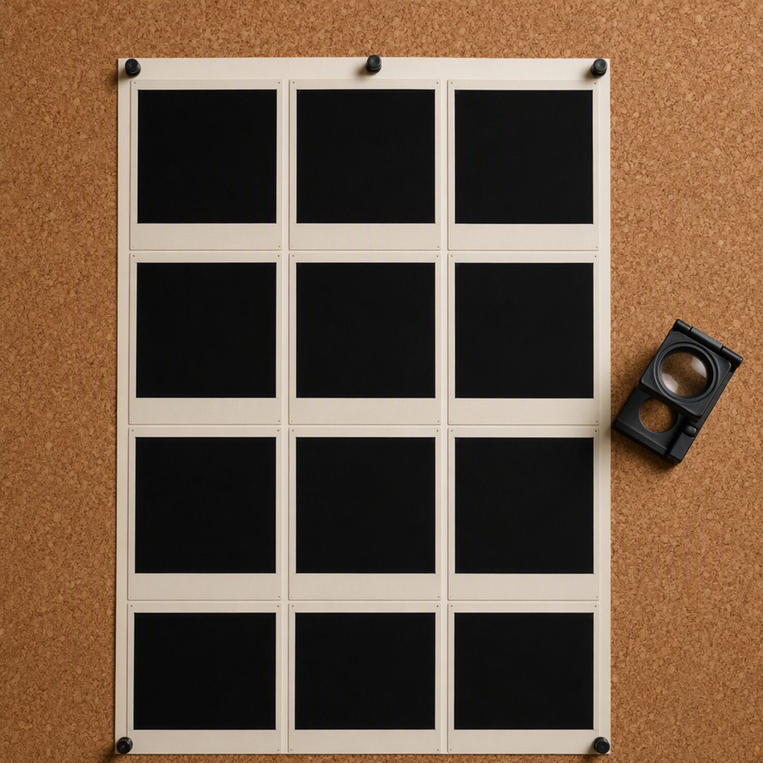 A contact sheet of blank frames on a corkboard