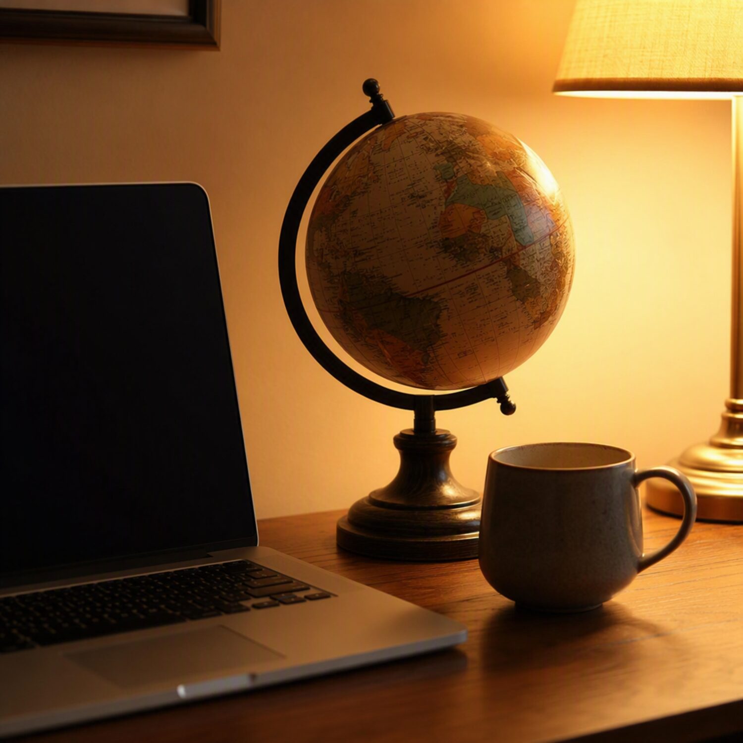 A desk globe beside a laptop