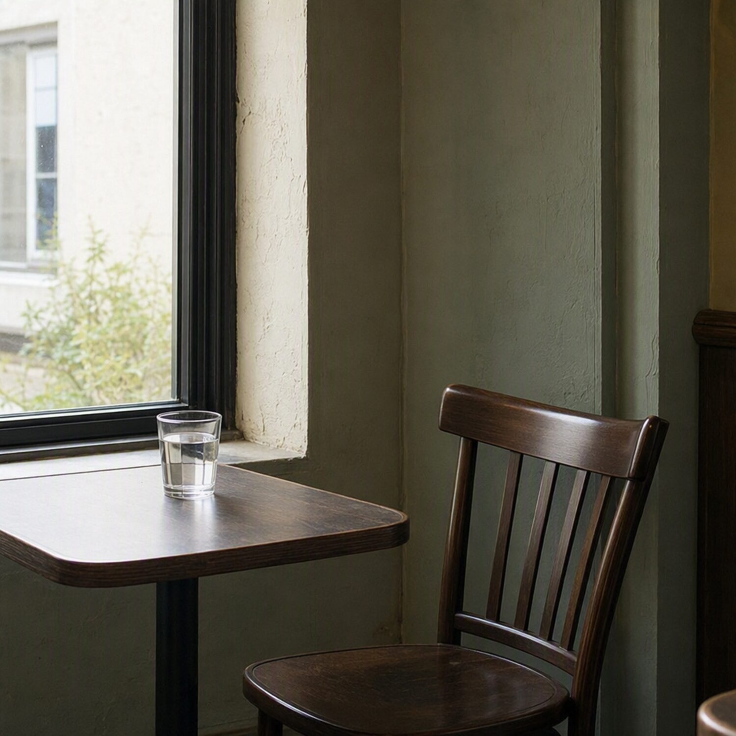 An empty chair at a table with a glass of water