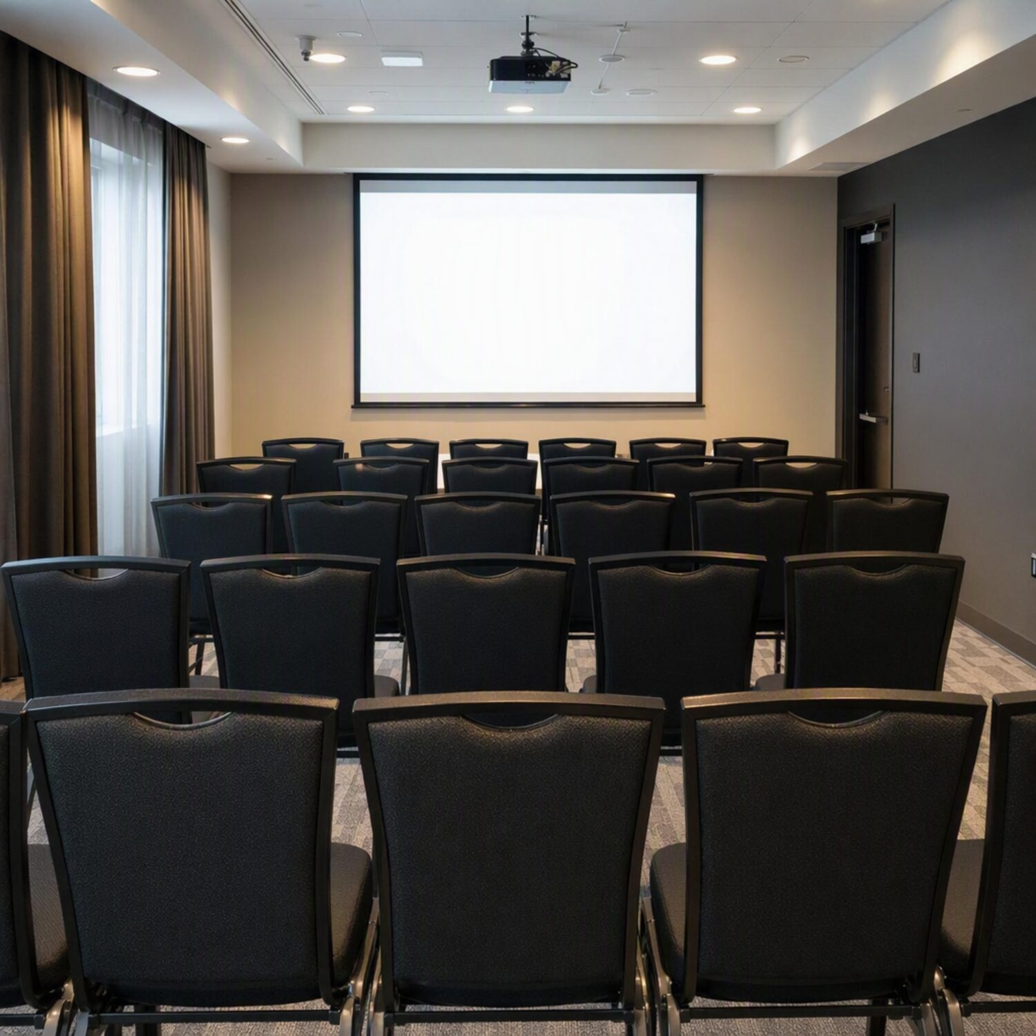 A seminar room with empty chairs facing a screen