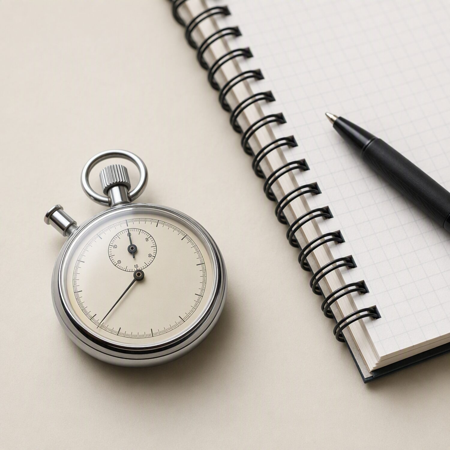 A stopwatch beside a notepad and pen