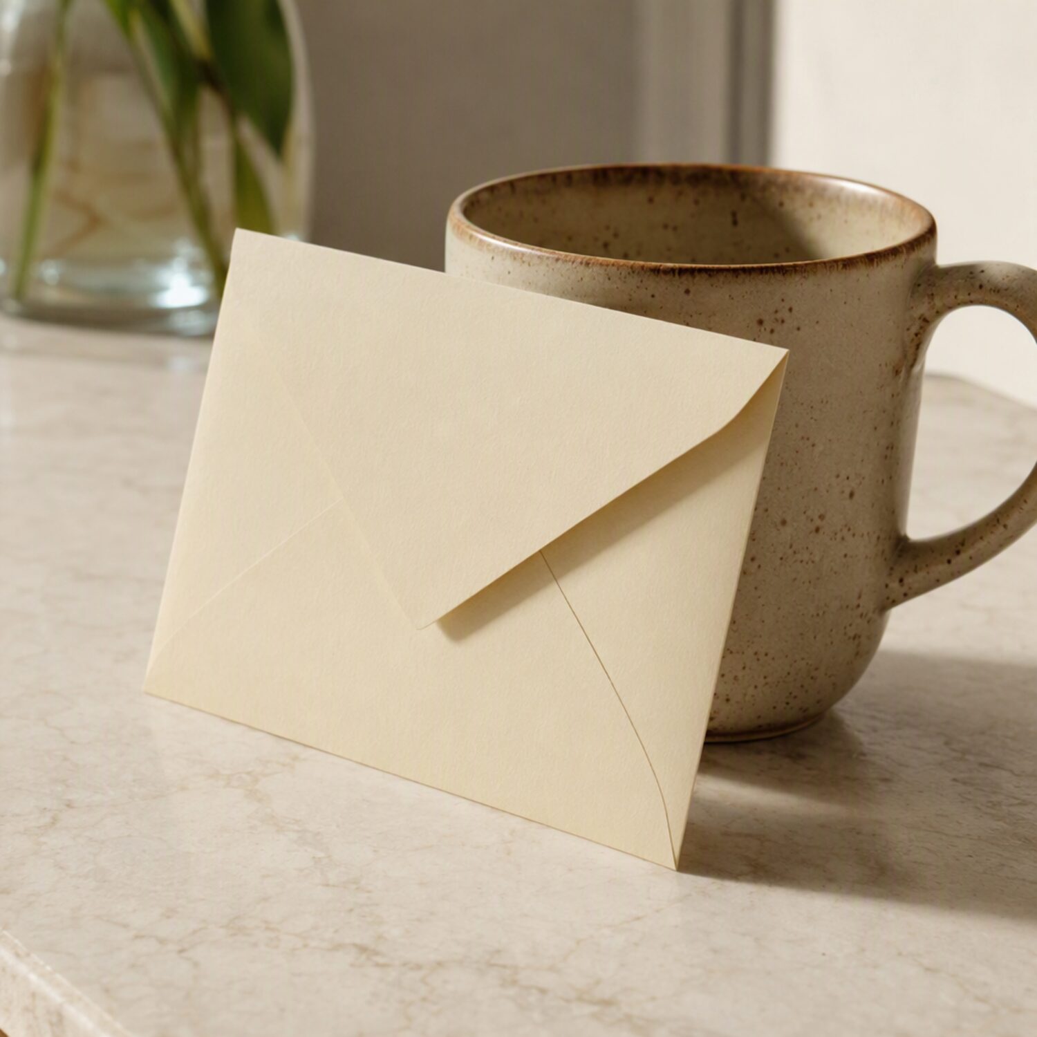 A cream envelope propped against a mug