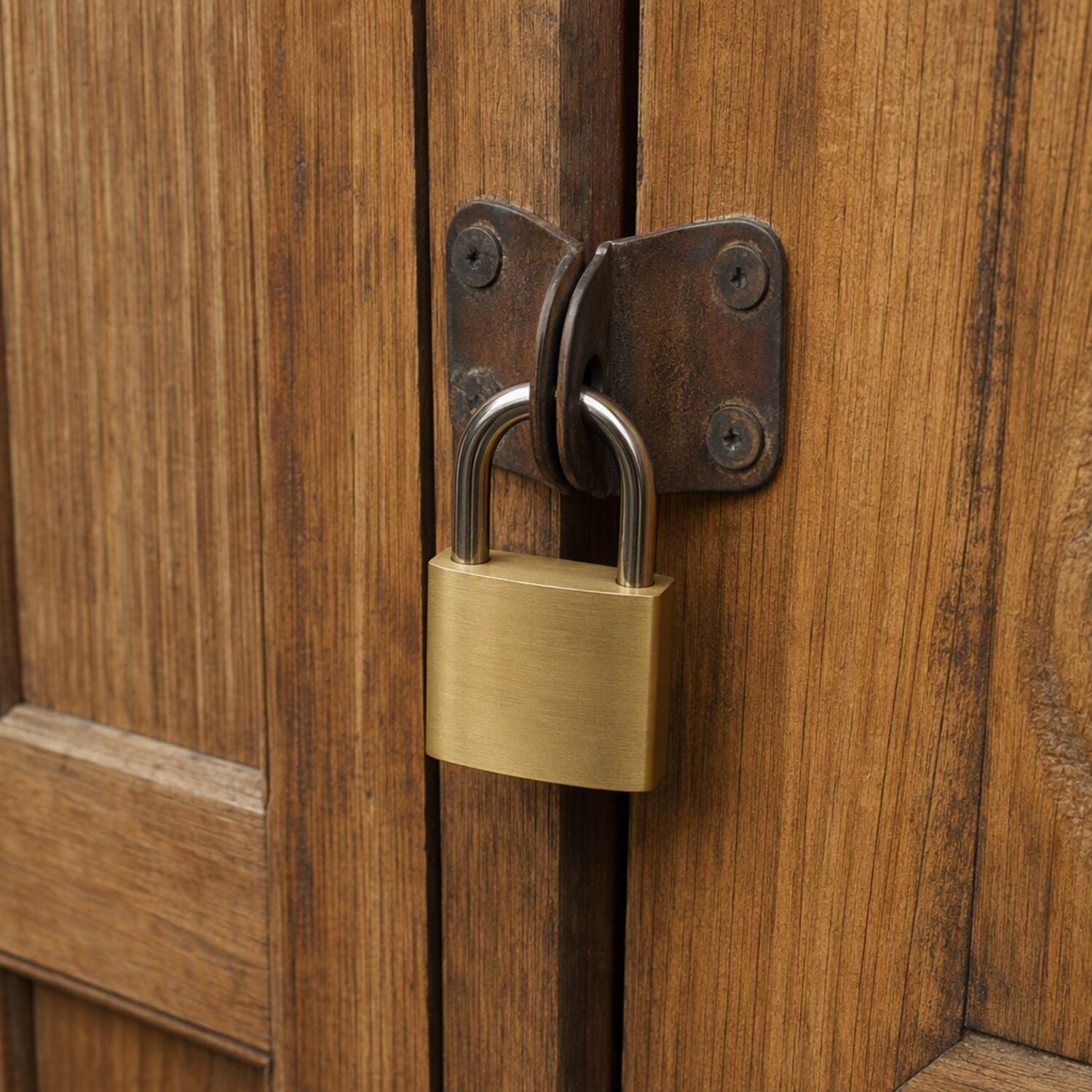 A closed brass padlock on a wooden door