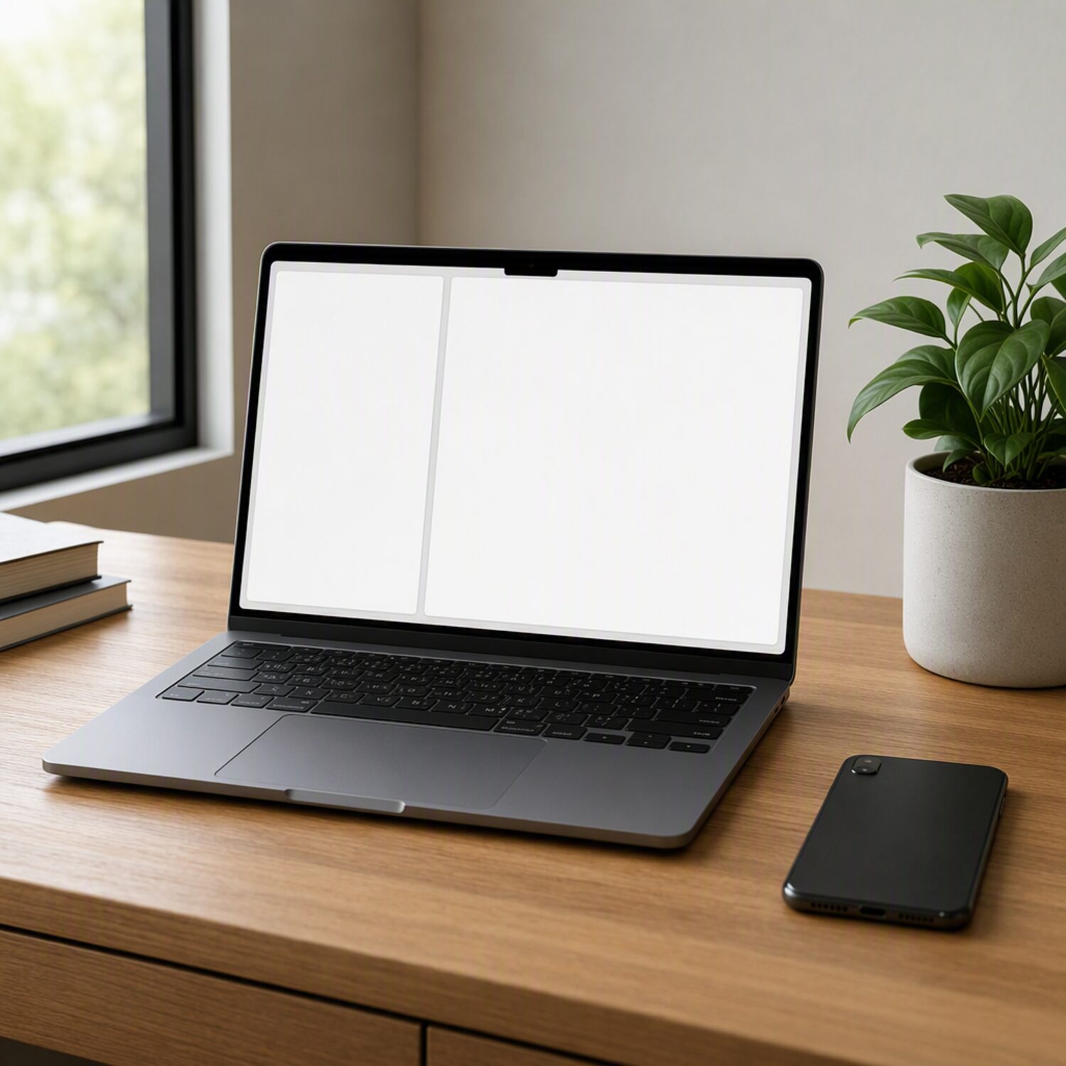 A laptop showing a blank two-pane interface