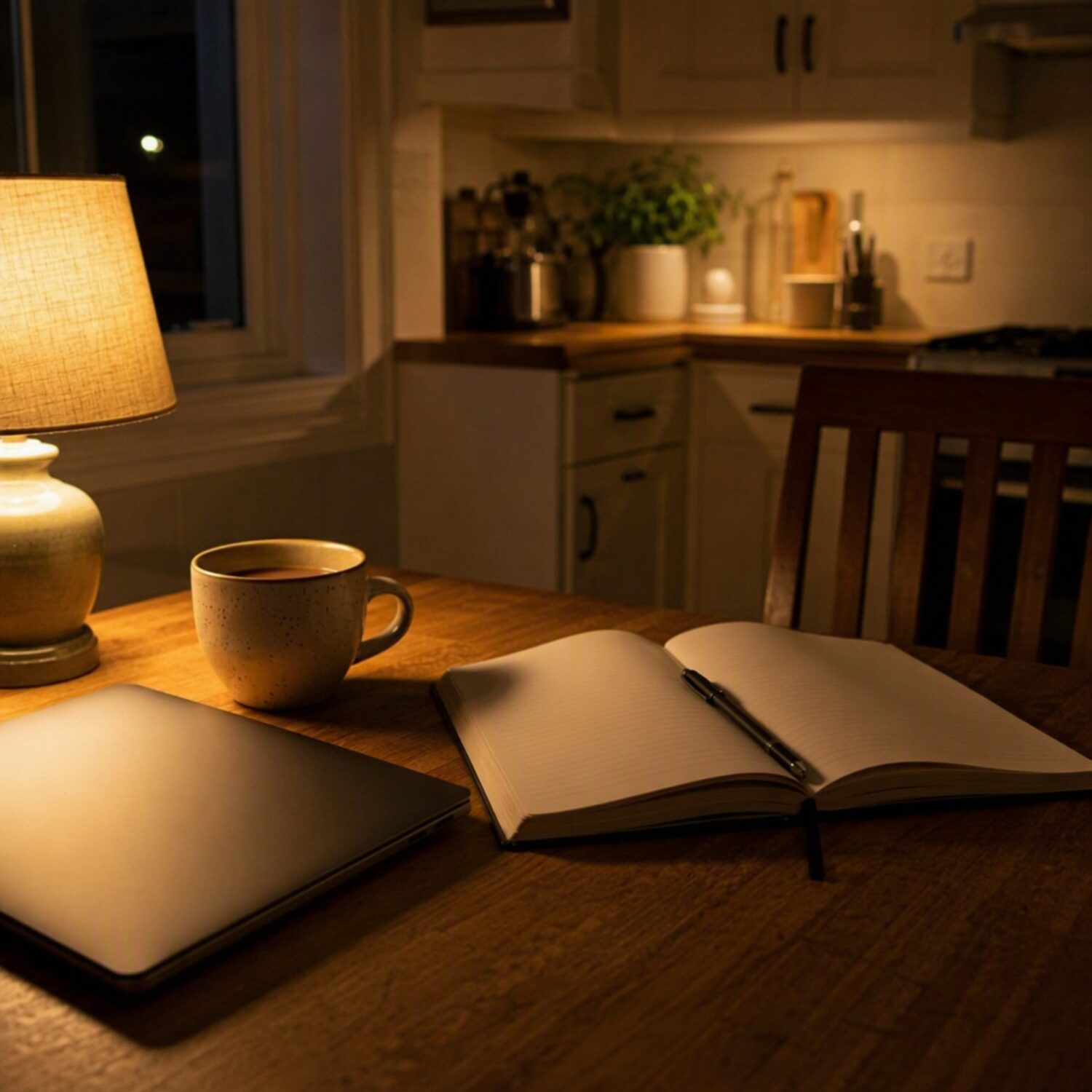 A notebook and closed laptop on a kitchen table at night