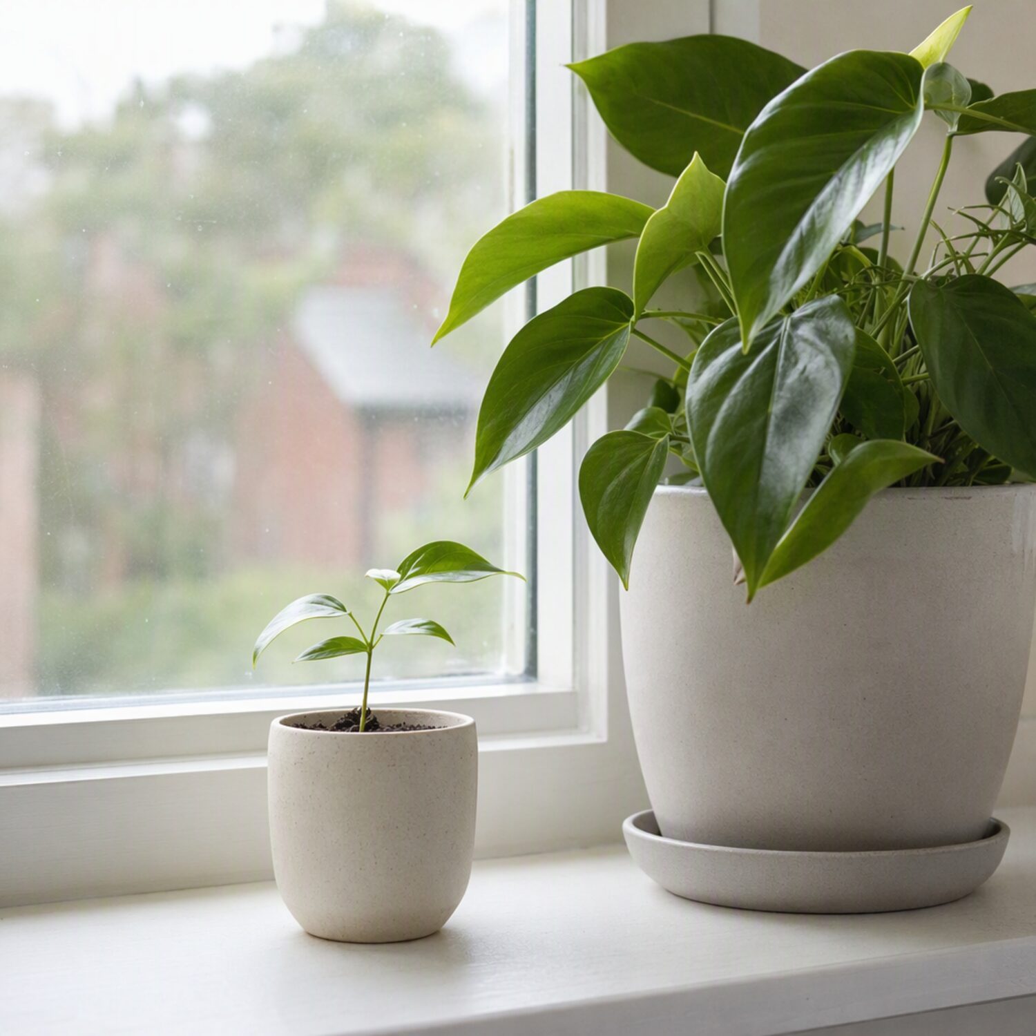 A seedling beside a larger plant on a windowsill