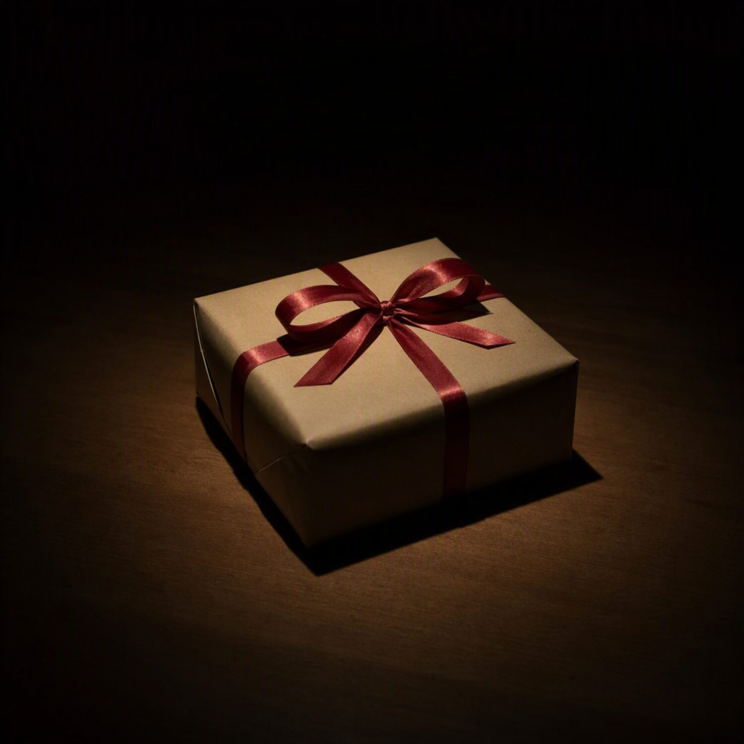 A single wrapped gift under one light