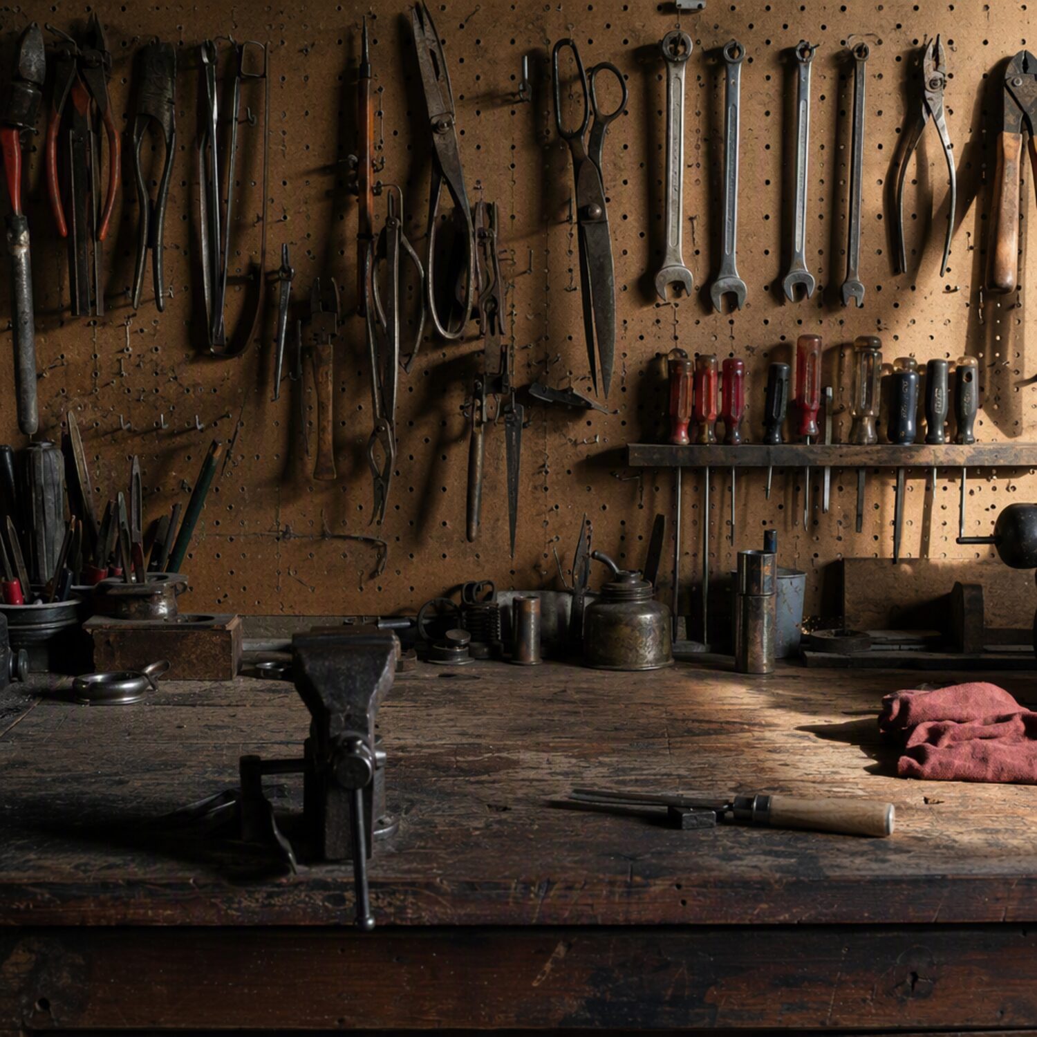 A workshop bench with tools on a pegboard