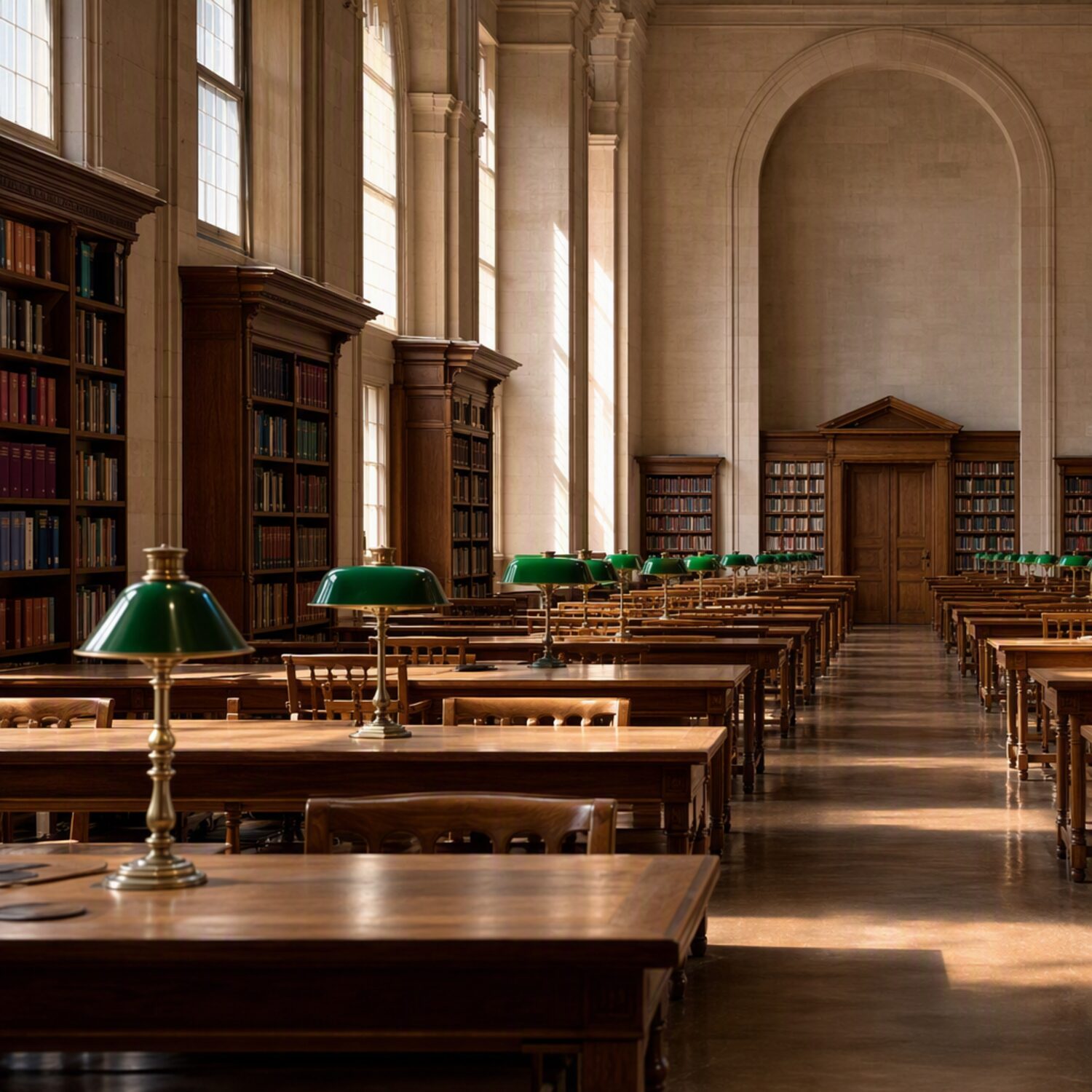 A library reading room with green lamps