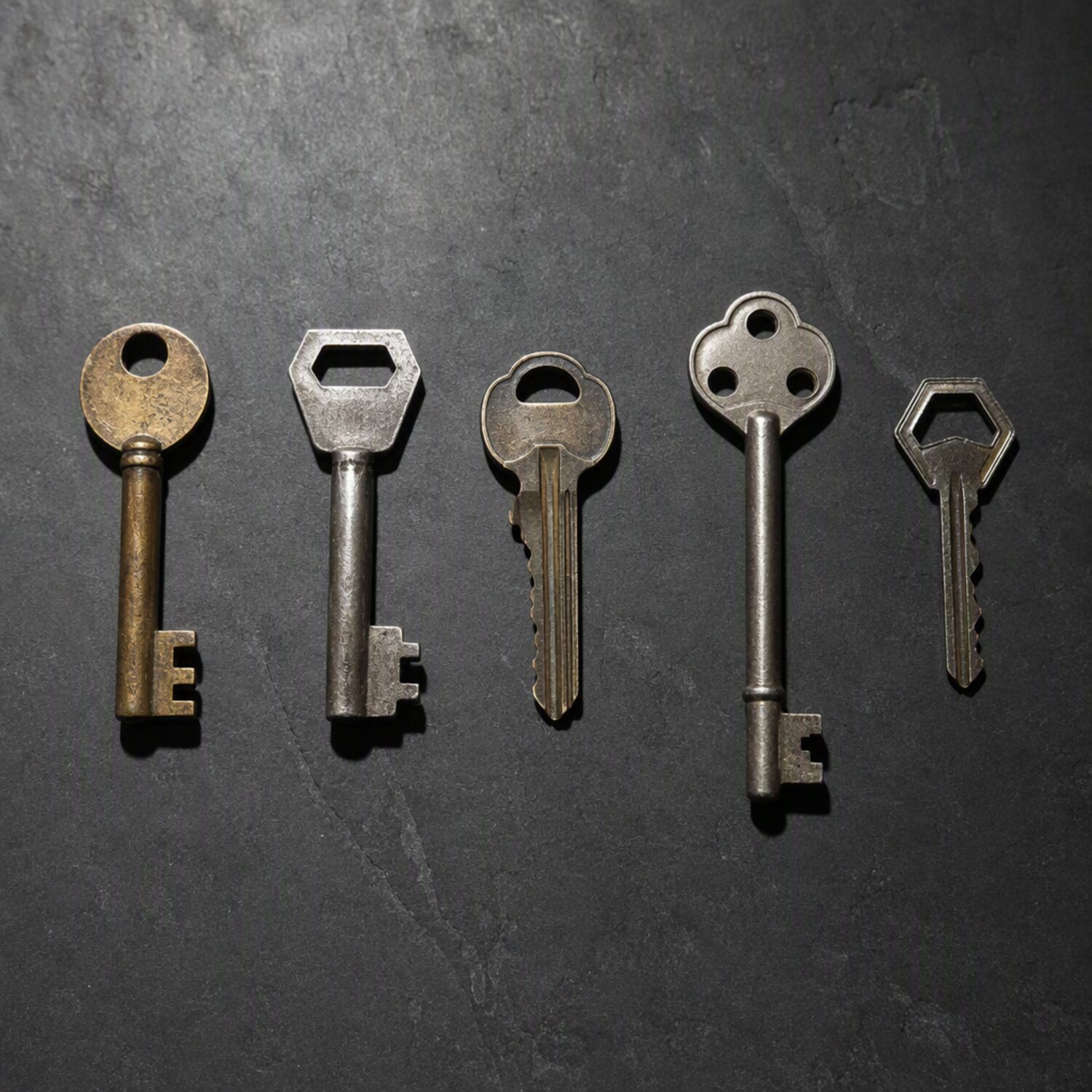Five different keys laid out in a row