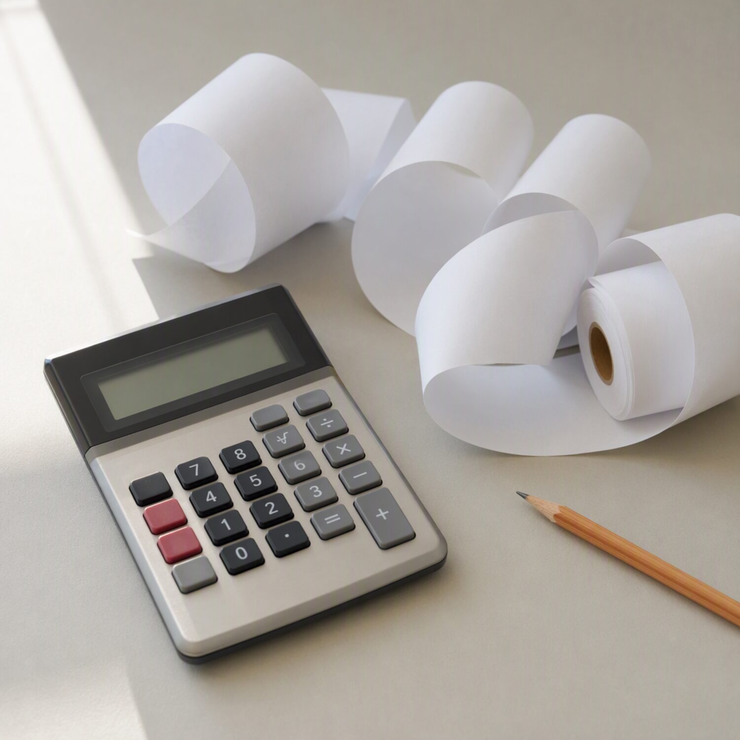 A calculator with a paper tape roll on a desk