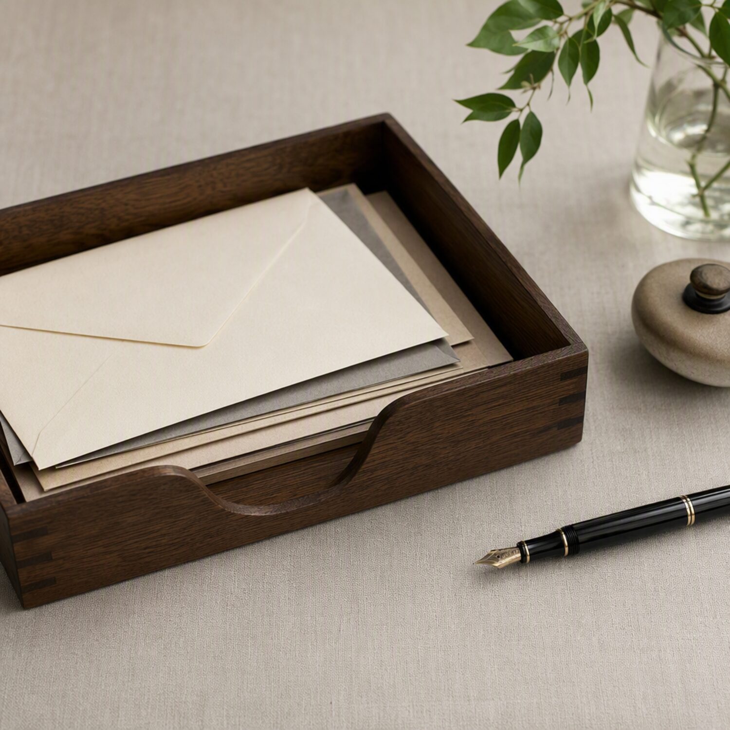 A letter tray with folded envelopes
