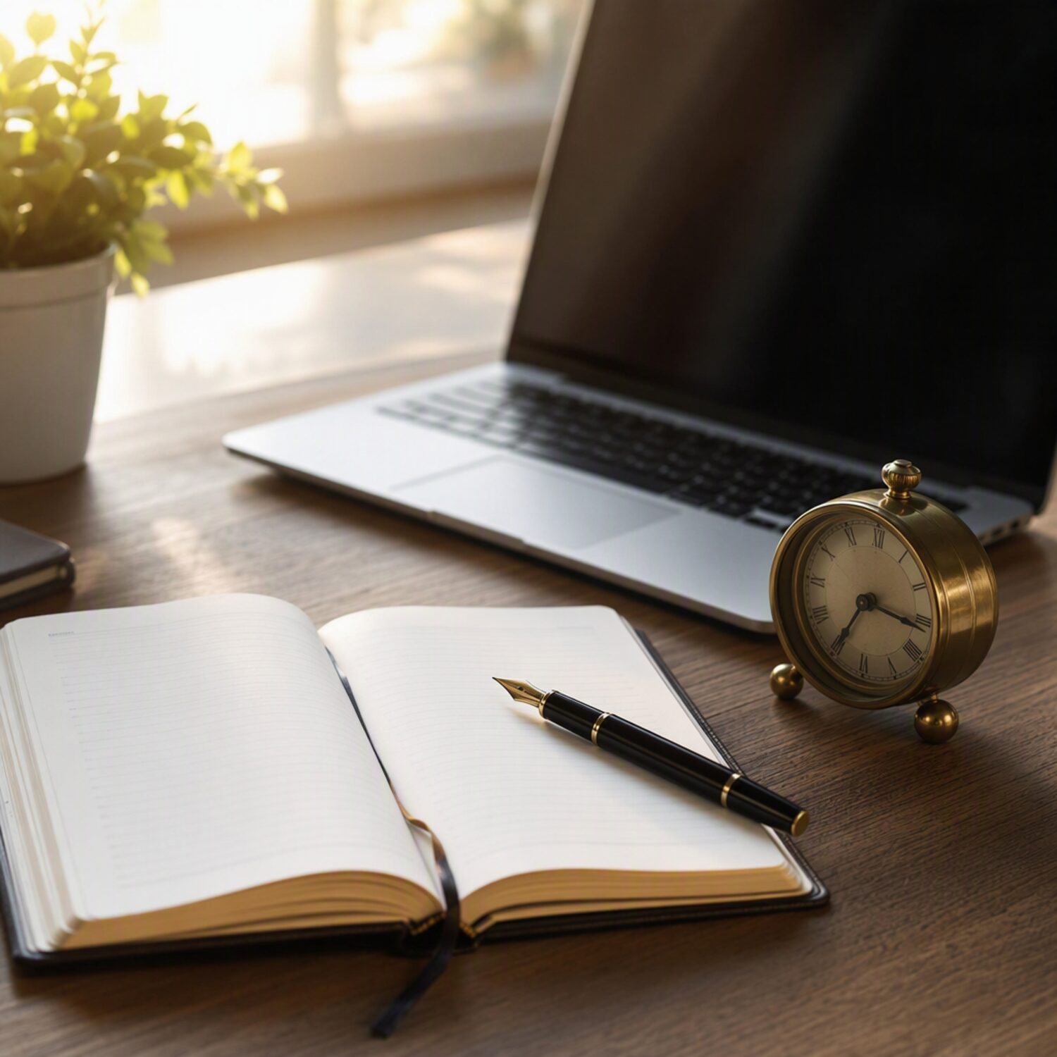 A paper diary and clock on a desk
