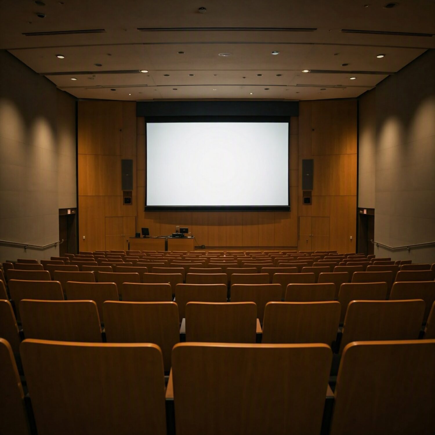 An empty lecture hall facing a lit screen