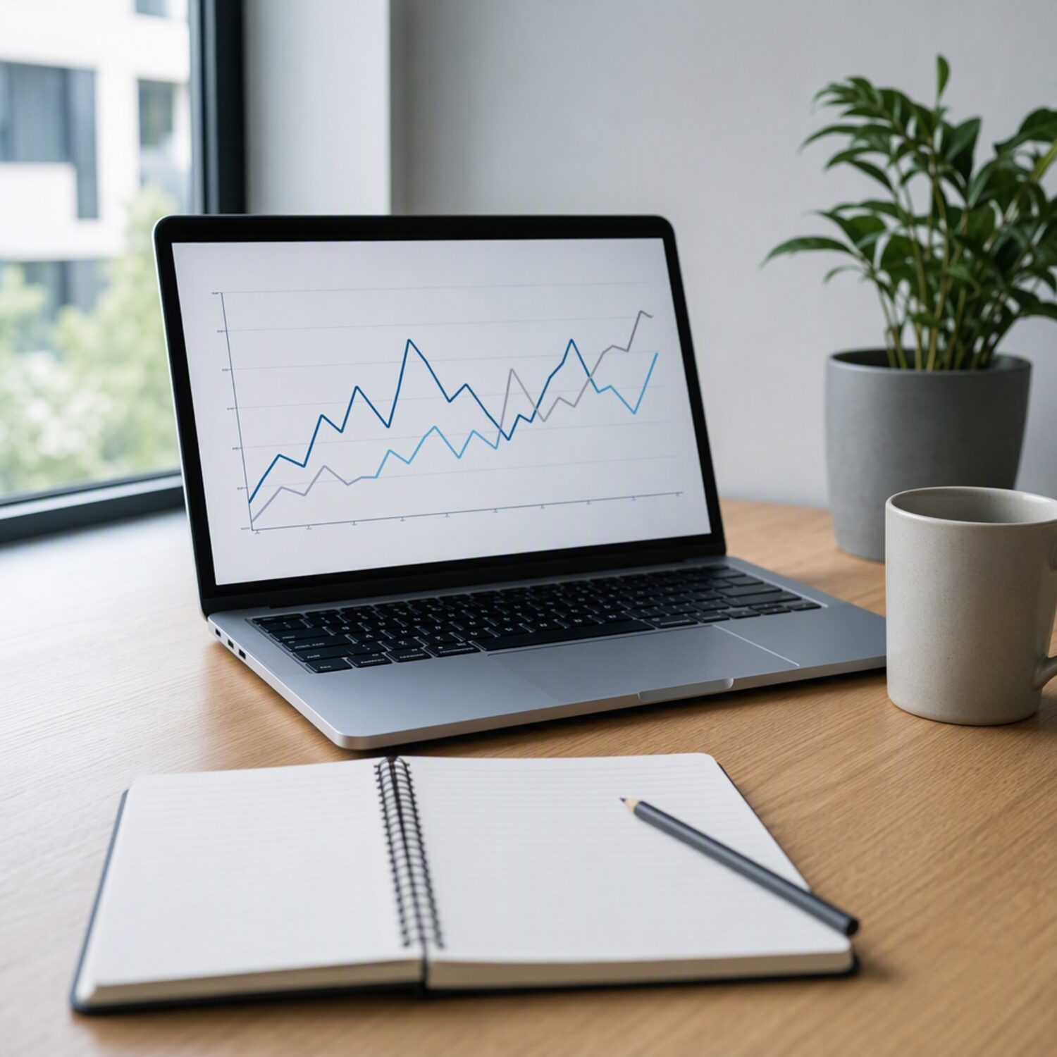 A laptop showing an abstract line chart