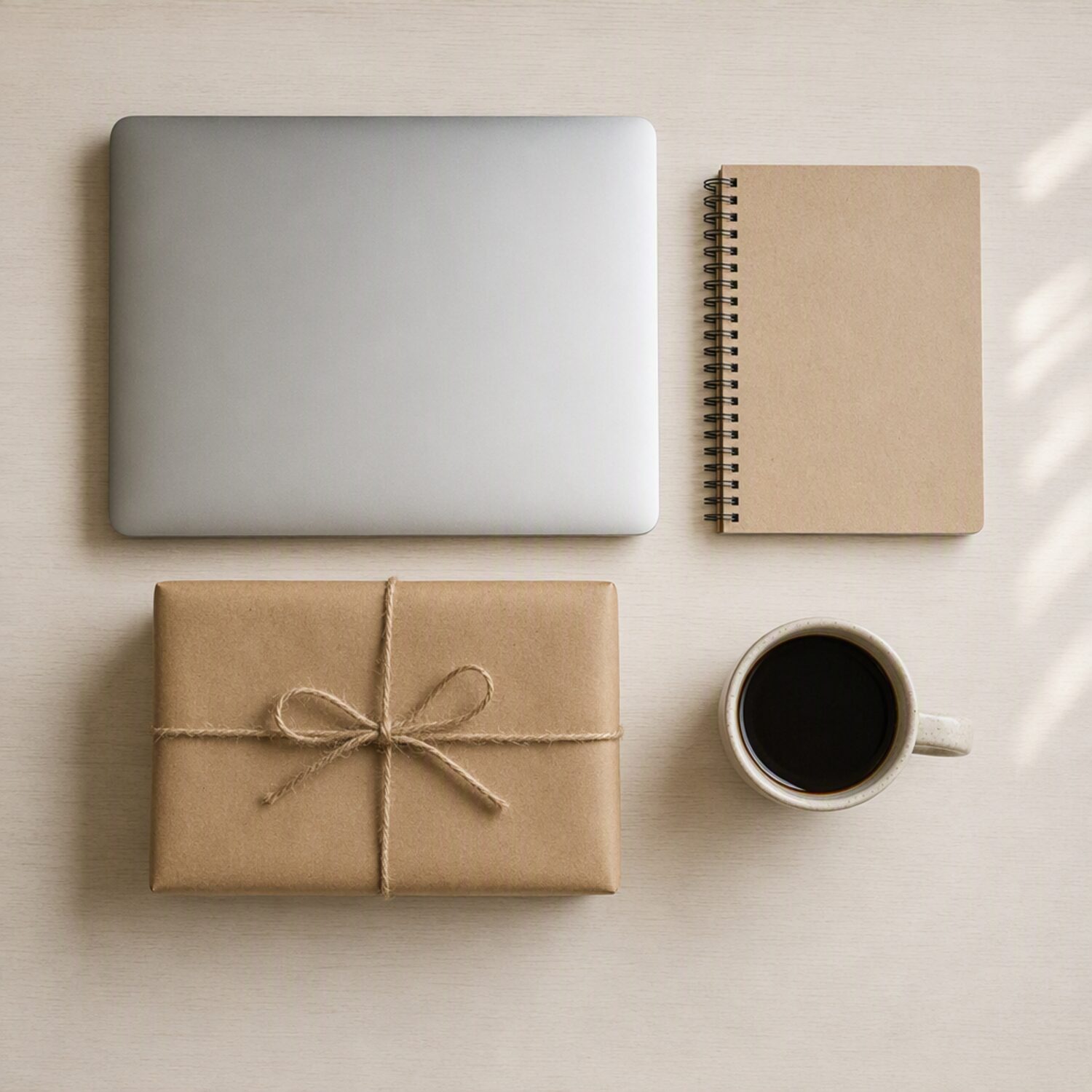 A laptop, notebook and parcel arranged in a grid on a desk