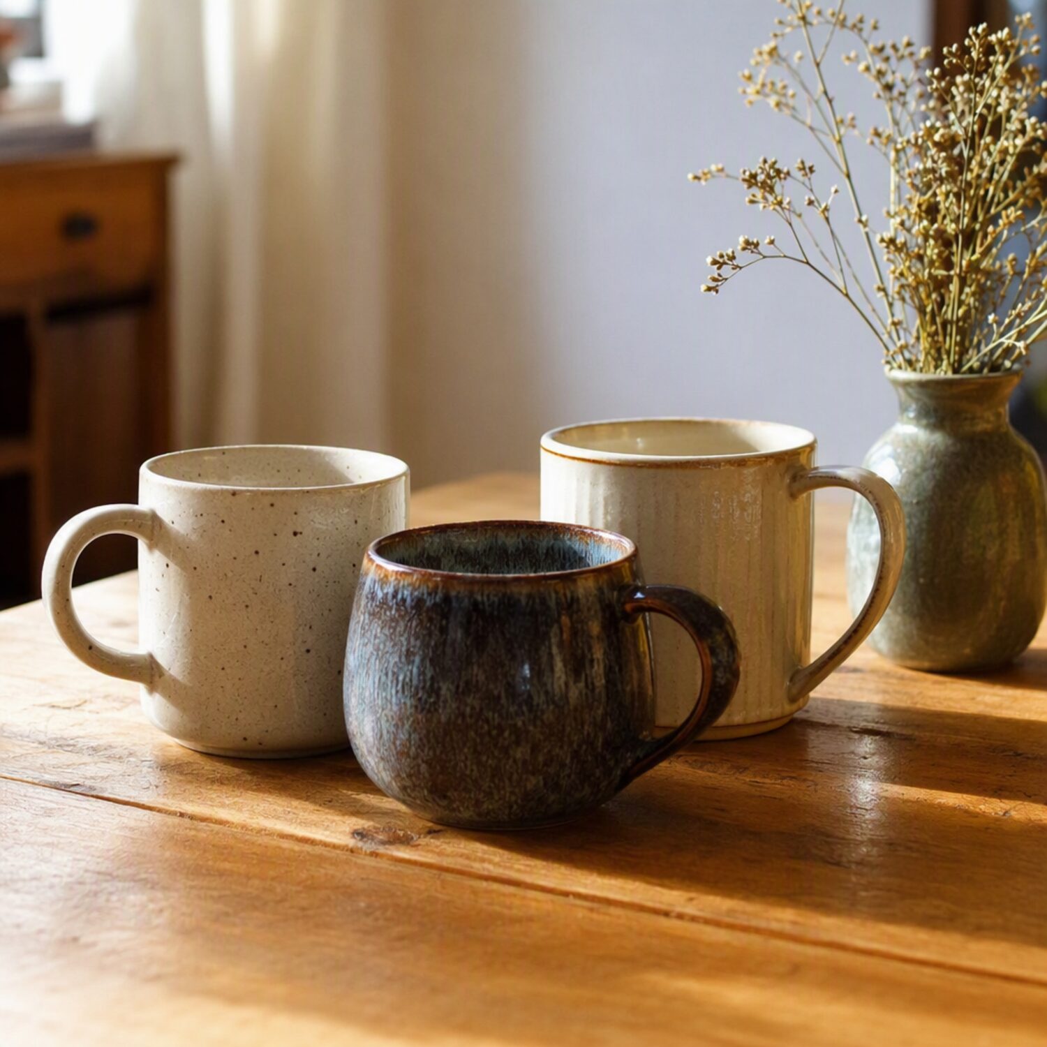 Three mugs grouped on a wooden table