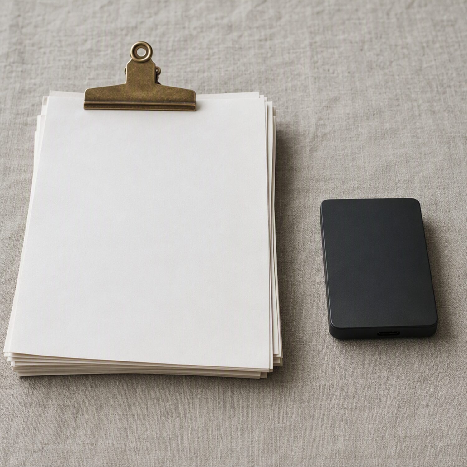 Clipped documents beside a small hard drive