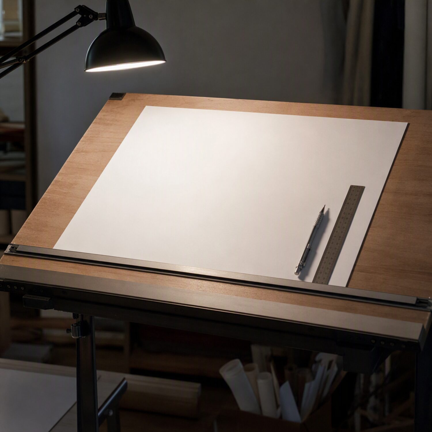 A blank sheet and ruler on a drafting table