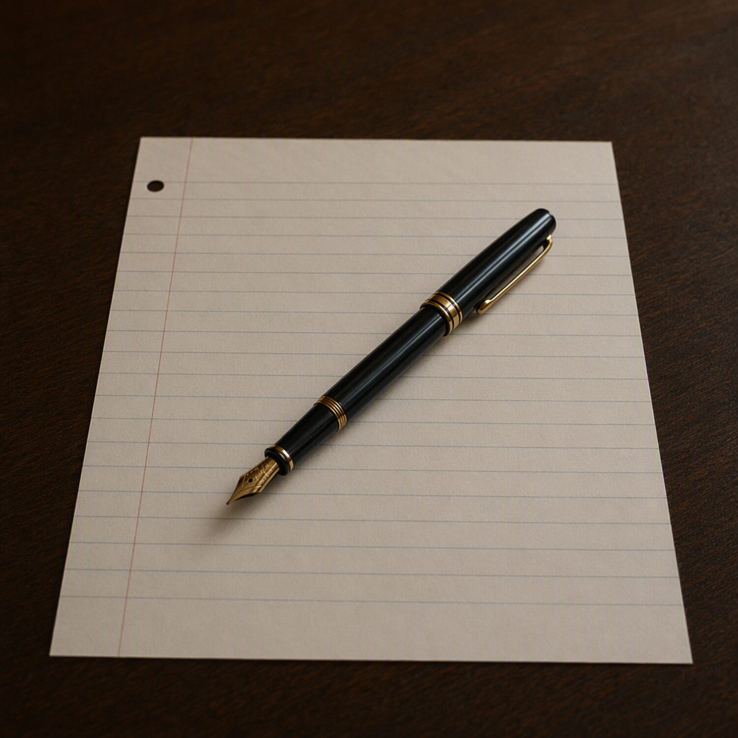 A fountain pen on ruled paper