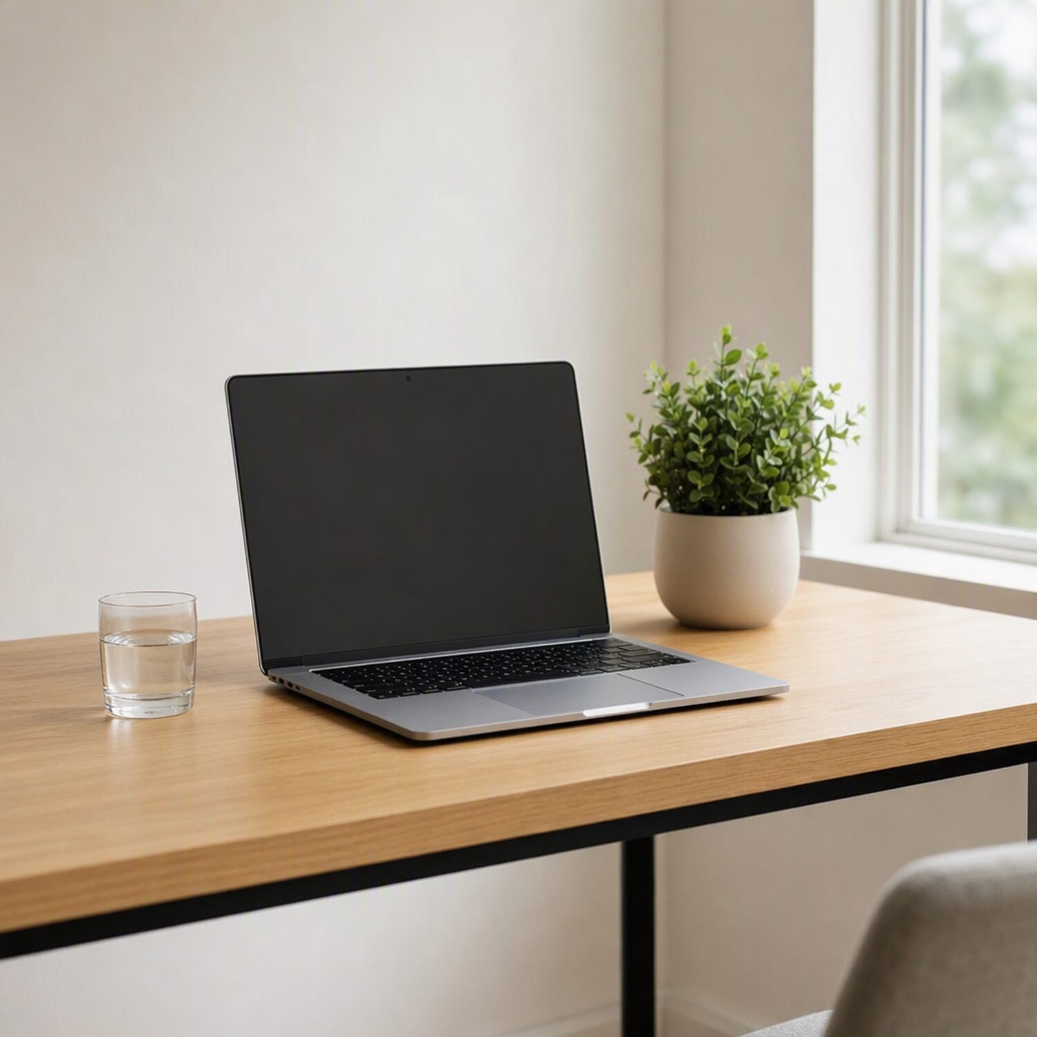 A clean desk with a laptop and a glass of water