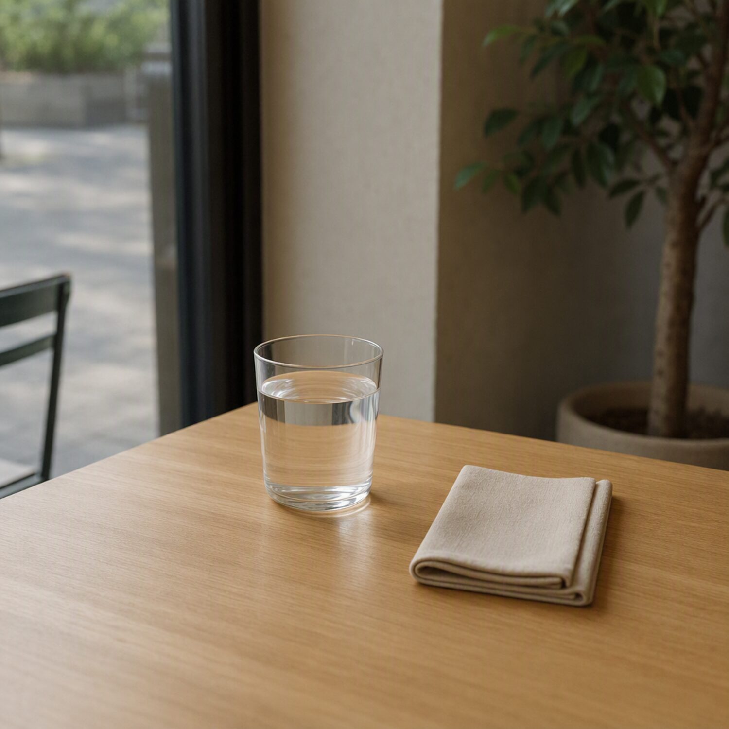 A glass of water and folded napkin on a table