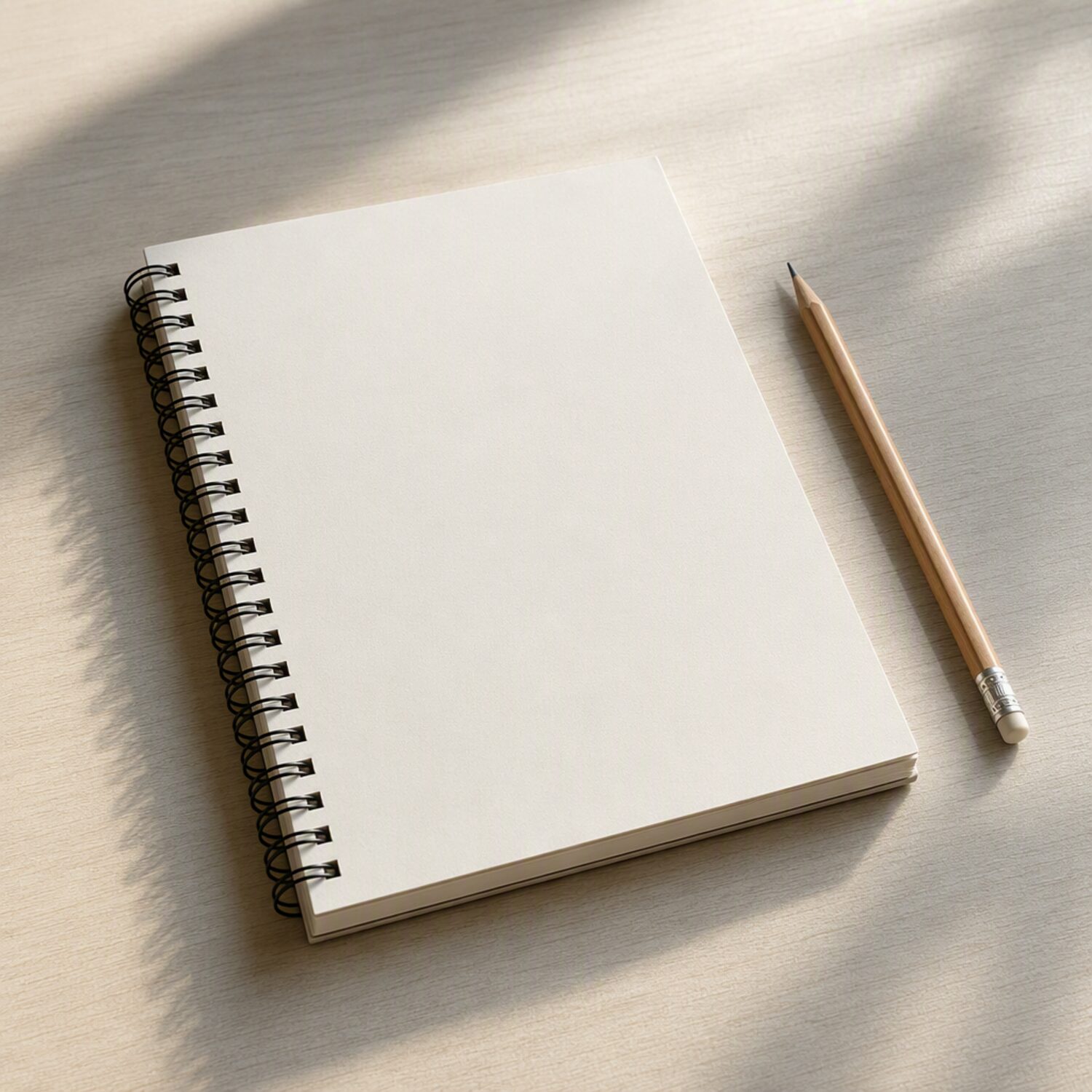 A blank notebook and pencil on a table