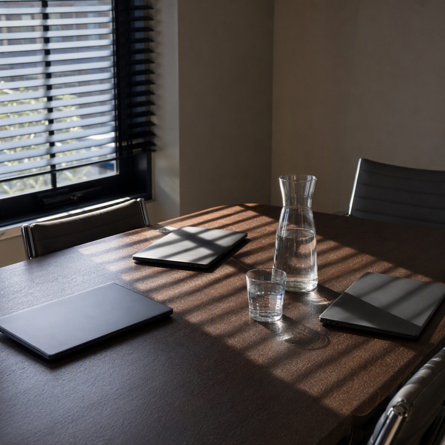 A meeting table with closed laptops