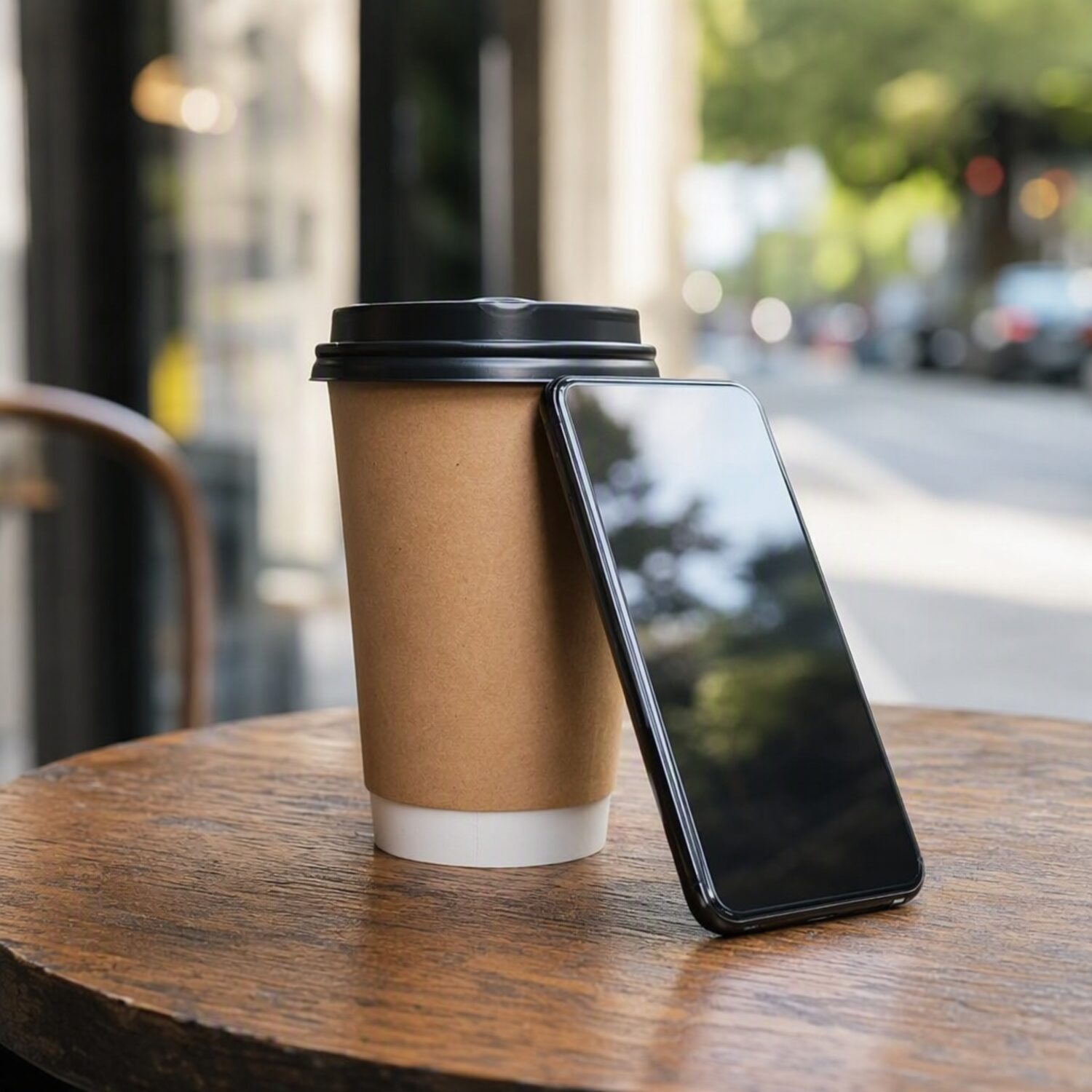 A phone propped against a cup on a café table