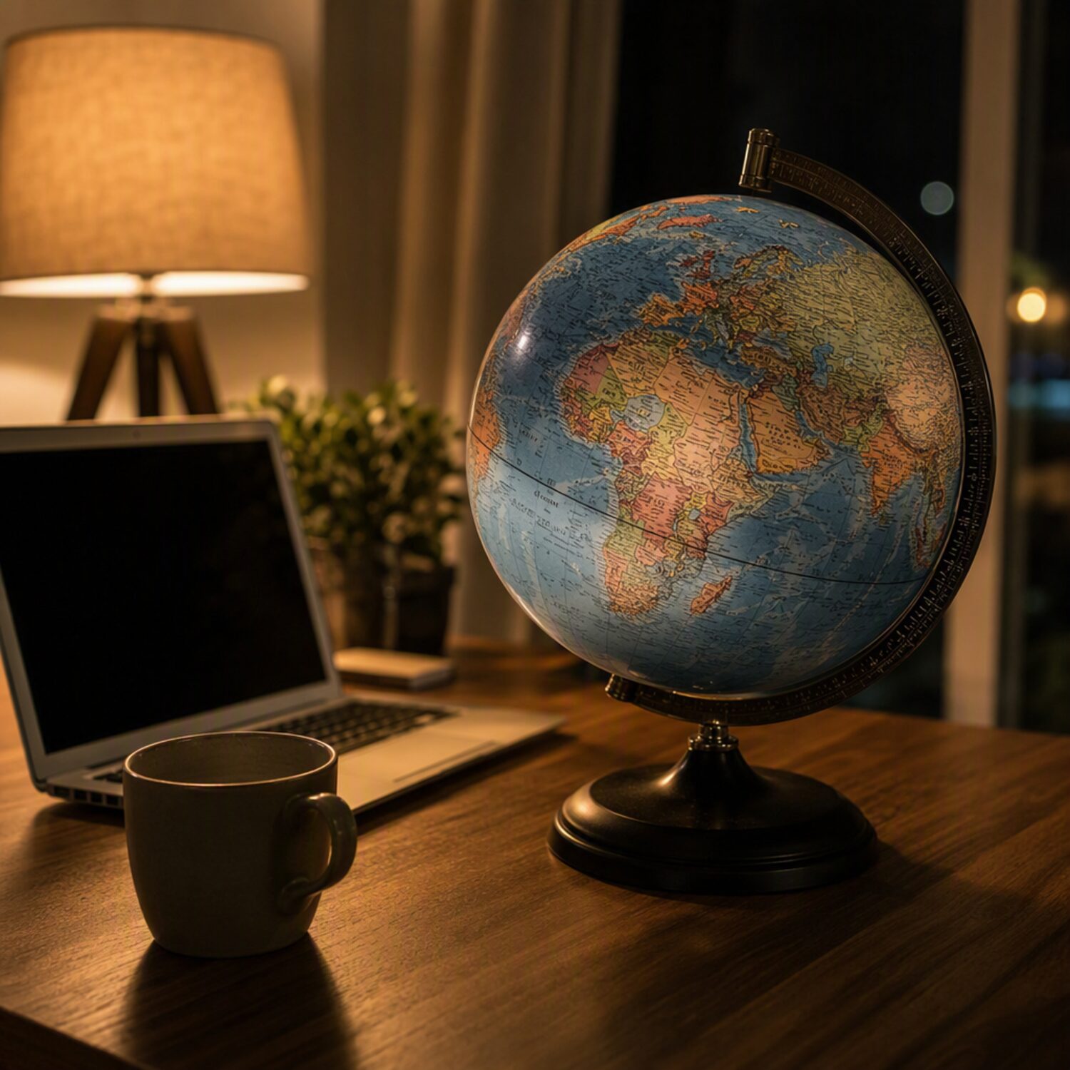 A desk globe beside a laptop
