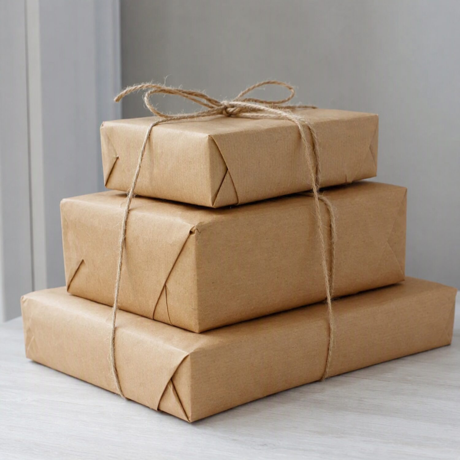 Three parcels tied together with twine
