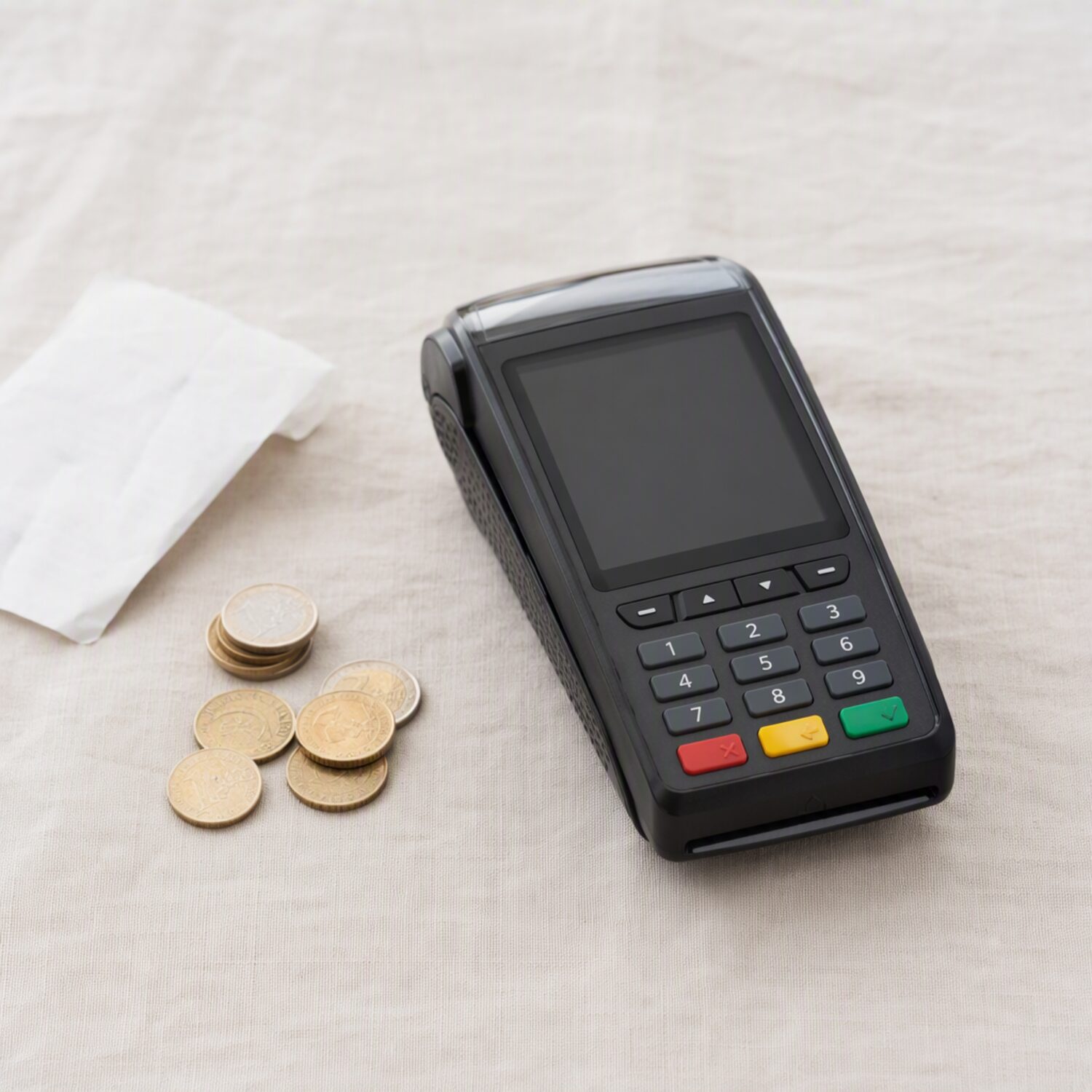 A card reader beside a stack of coins